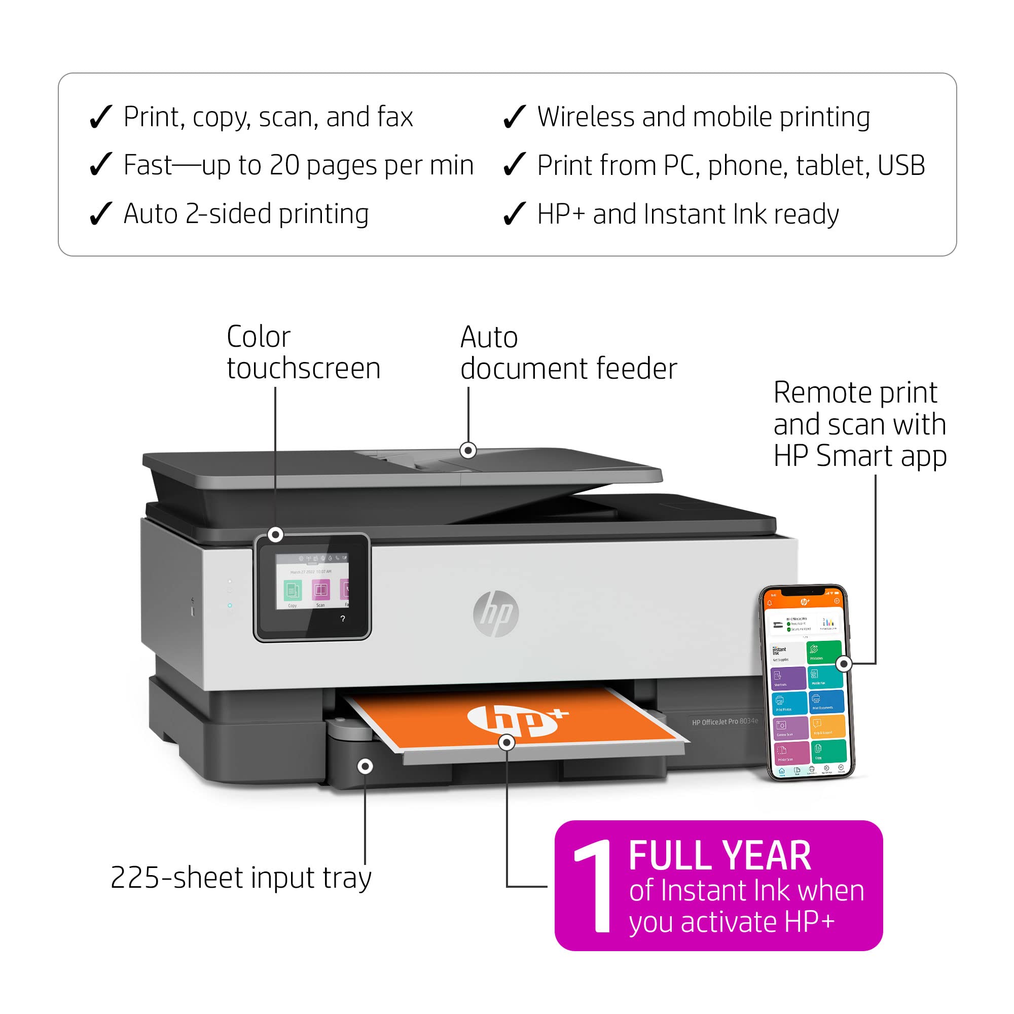 HP OfficeJet Pro 8034e All-in-One Wireless Printer with Scanner, Copier & Fax | High-Speed Printing | White | Ideal for Home Office & Small Business Use