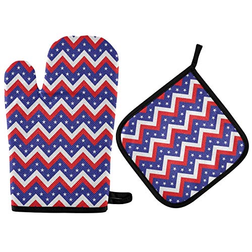 4th of July Stars & Stripes Oven Mitt and Pot Holder Set - Heat Resistant Gloves & Pads for Cooking, Baking, Grilling - American Independence Day Kitchen Accessories - Perfect Holiday Gift for BBQ, Picnics & Patriotic Celebrations