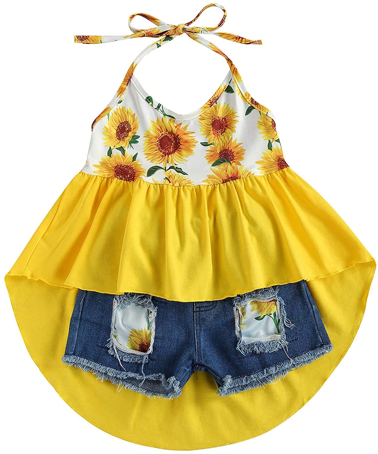 Boho Sunflower Crop Top & Distressed Denim Shorts Set for Toddler Girls | Summer Outfit for Playdates, Beach & Casual Wear