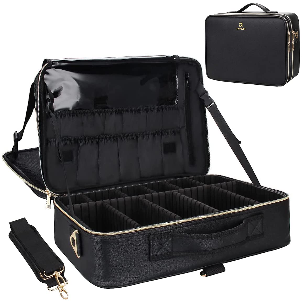 Relavel Professional 16.5 Inch Large Makeup Train Case - Waterproof Cosmetic Organizer with 3 Layers & Adjustable Strap - Perfect for Travel, Salon Use & Makeup Artist Storage