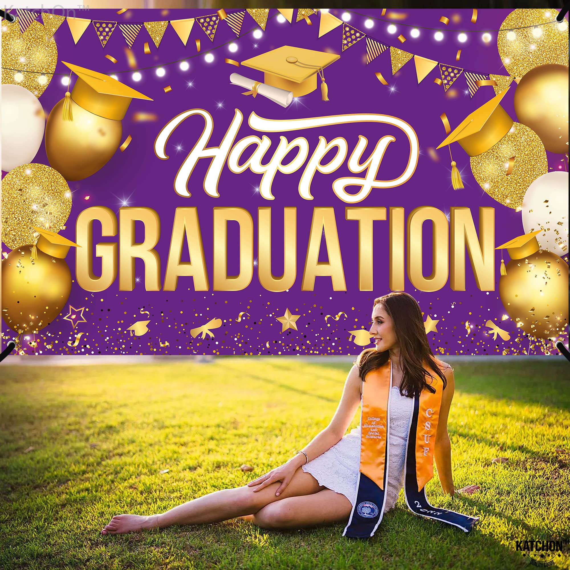 KatchOn Extra Large Happy Graduation Banner - 72x44 Inch Purple & Gold Backdrop for Class of 2025 | 2025 Graduation Decorations, Congratulations Banner | Perfect for Graduation Parties, Photo Booths & School Events