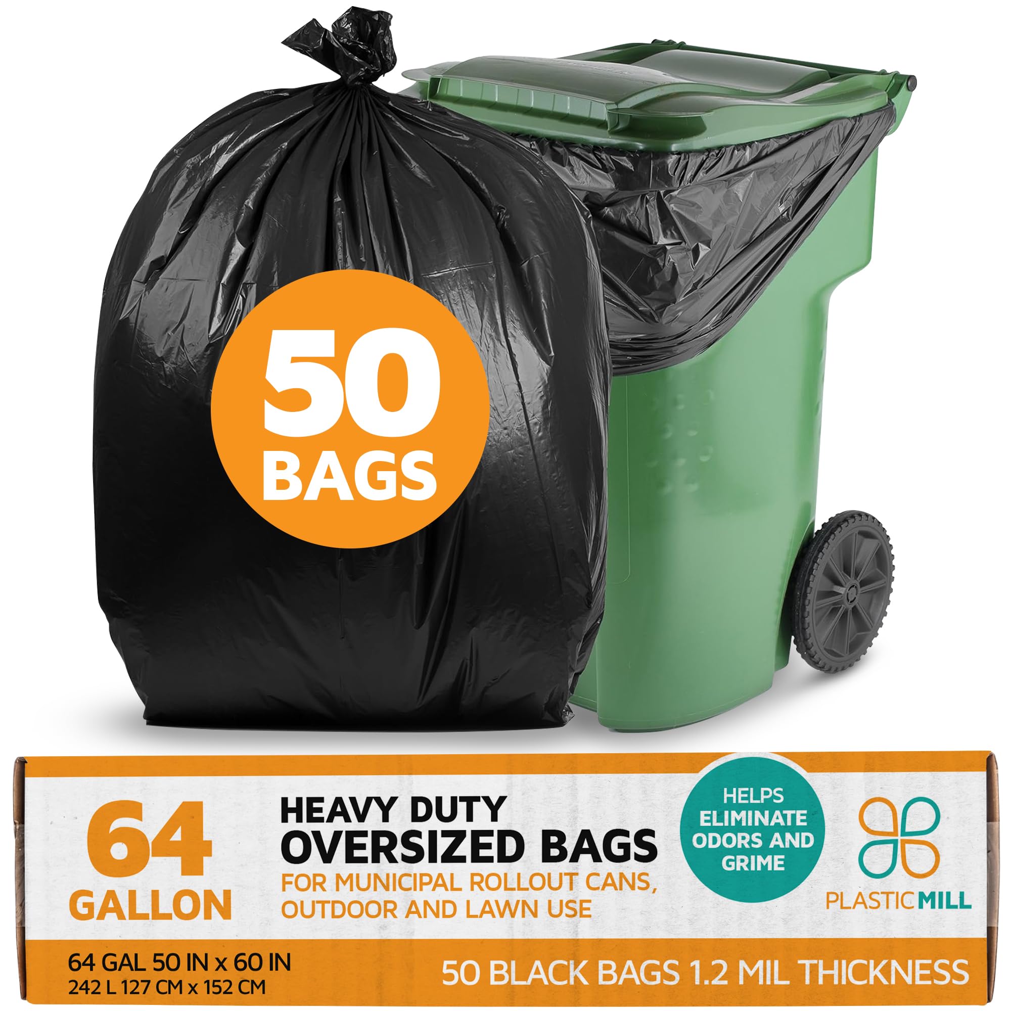 PlasticMill Heavy Duty 64-Gallon Trash Bags - 1.2 Mil Thick Large Kitchen Garbage Bags (50