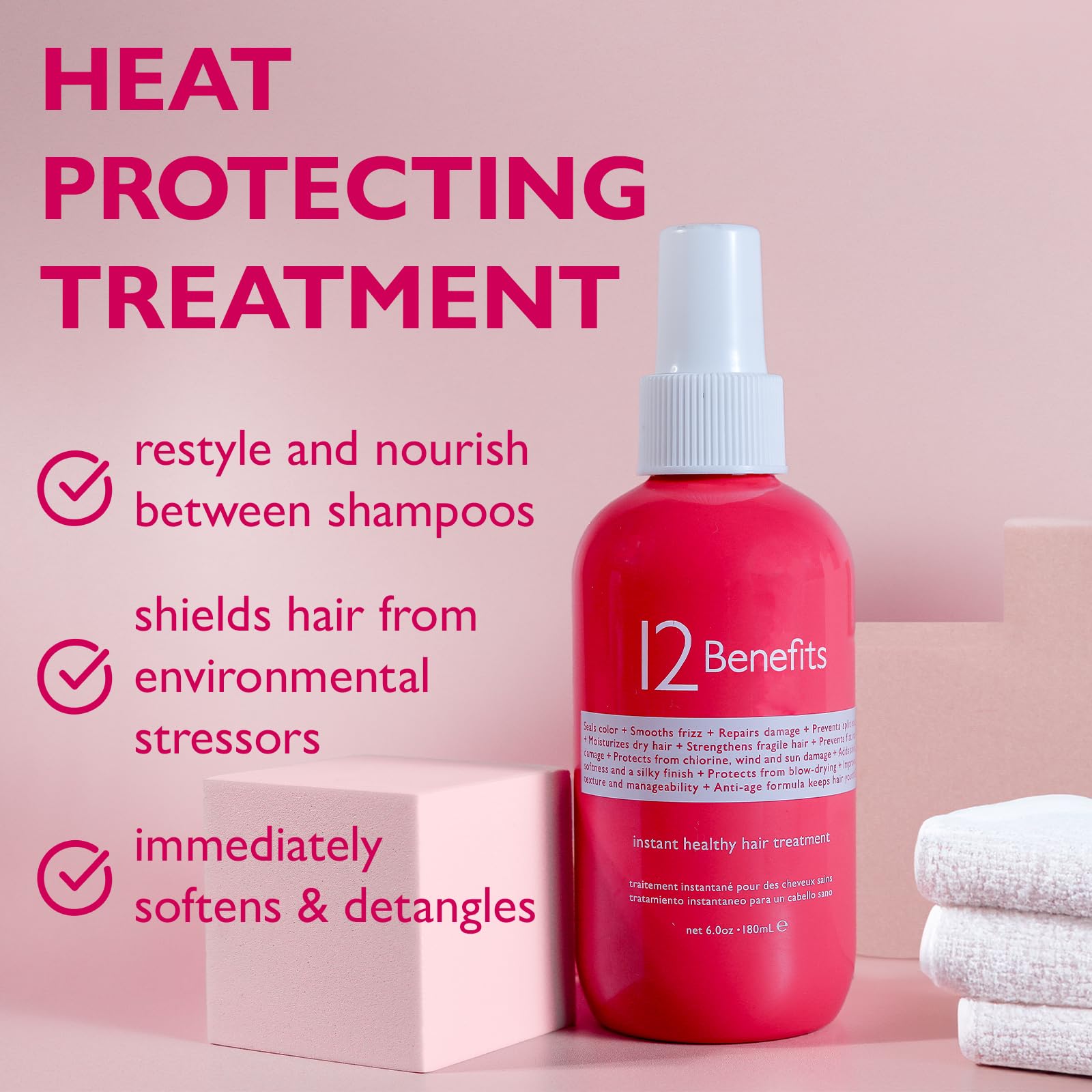 12 Benefits Instant Healthy Hair Treatment Spray - Leave In Conditioner with Quaternium 39 & Silk Protein - Frizz Control, Hair Strengthener & Repair for Damaged Hair (6 Fl Oz) - Perfect for Daily Use, Salon Results at Home, Travel-Friendly Hair Care Solution