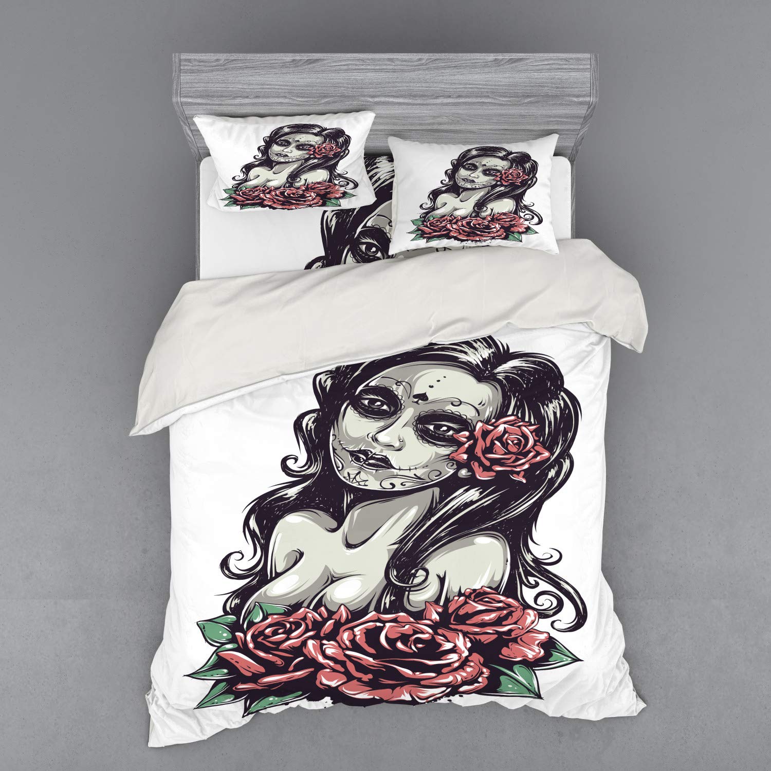 Lunarable Mexican Sugar Skull Duvet Cover Set - 4 Piece Queen Size Bedding with Shams & Fitted Sheet, Gothic Rose Zombie Skull Design in Black & Pink - Perfect for Halloween Decor, Day of the Dead Celebration & Alternative Home Decor
