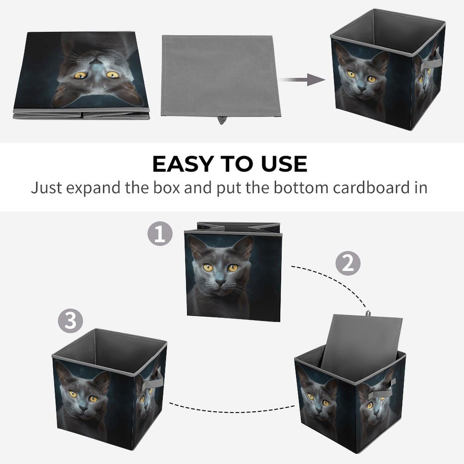 Foldable Storage Bins with Handles - Gray Cat Design Cube Organizer for Clothes, Cabinet & Shelf Organization | Perfect for Bedroom, Closet & Kids Room Storage Solutions