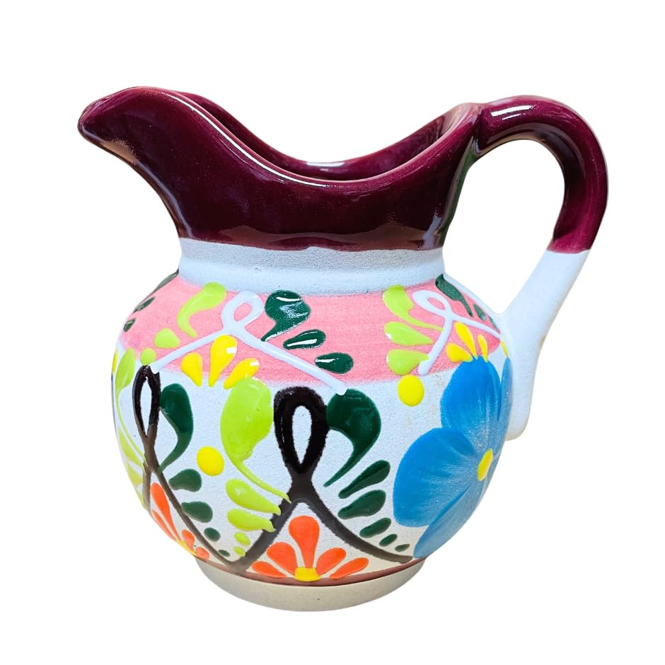 Handmade Engobe Clay Pitcher - Traditional Mexican Jarro Jug for Water or Beverages - Guelaguetza Artisan Design with Maroon Rim - Perfect for Home Decor, Kitchen Use, and Gift Giving
