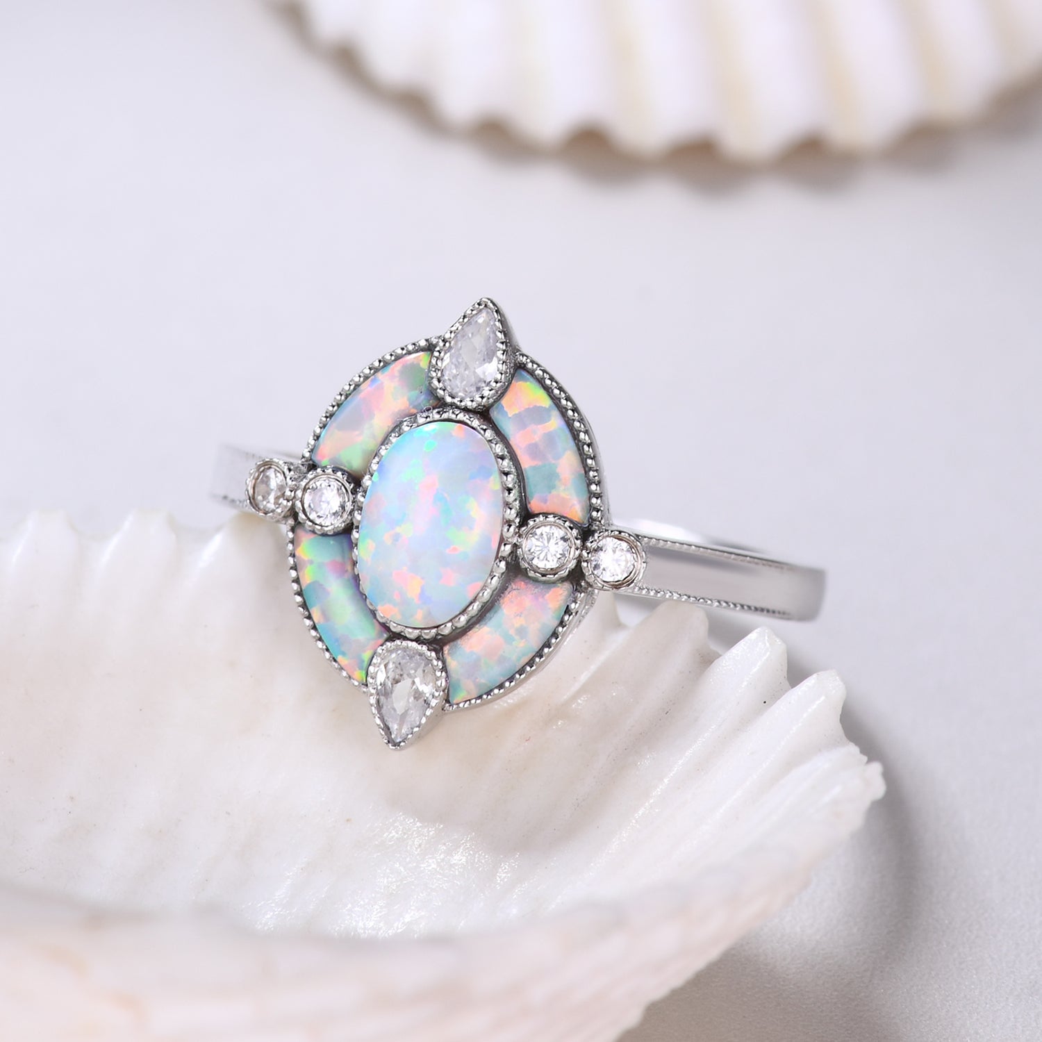 Antique White Opal Halo Engagement Ring - Vintage Oval Cut Cocktail Ring with October Birthstone - Perfect for Proposals, Anniversaries & Special Occasions