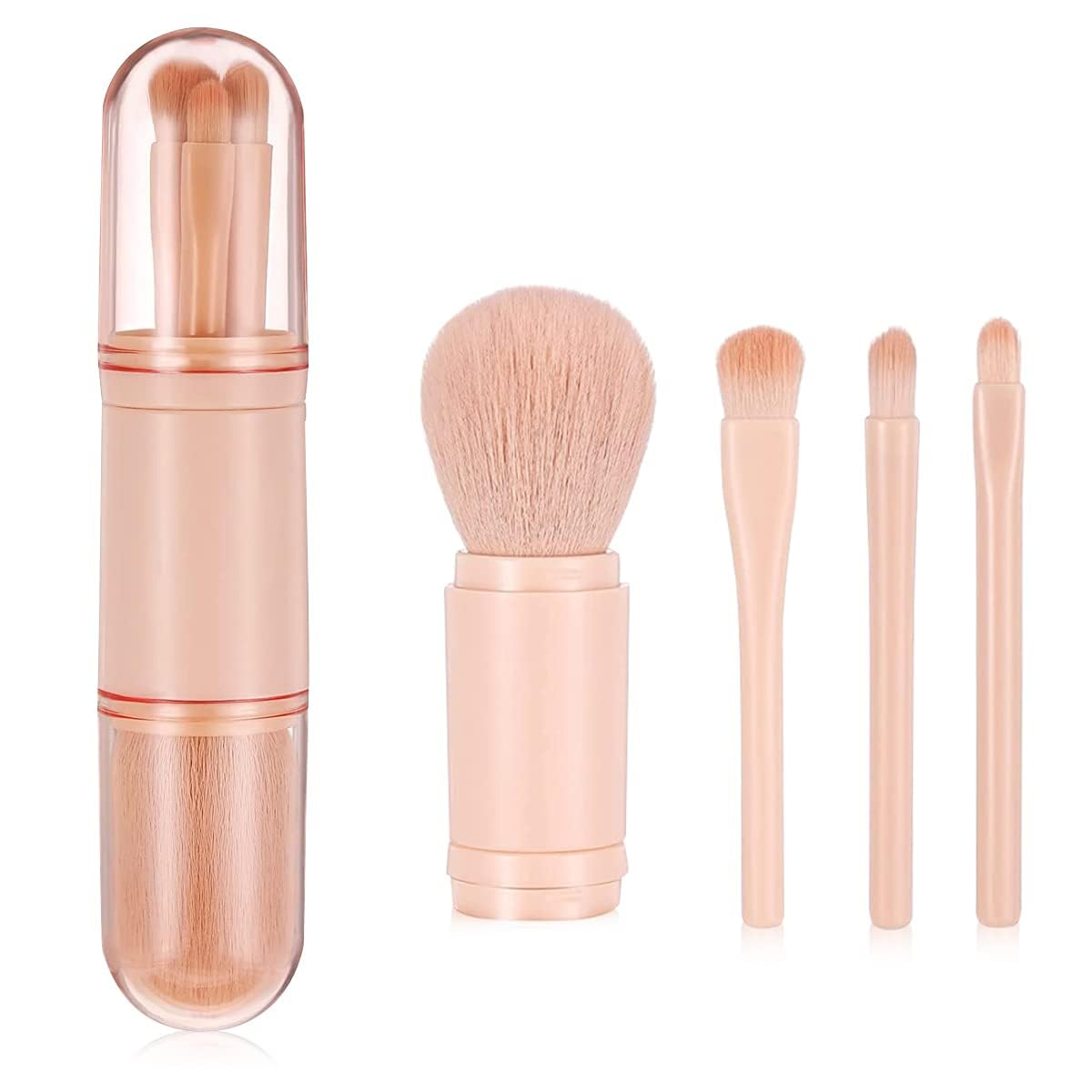 SKINPLUS 4-in-1 Retractable Makeup Brush Set - Portable Travel Cosmetic Brushes for Foundation, Lips, Highlight & Eyeshadow | Mini Face Brush Kit with Blending Powder Brush (Peach) | Perfect for On-the-Go Makeup & Travel Beauty Essentials