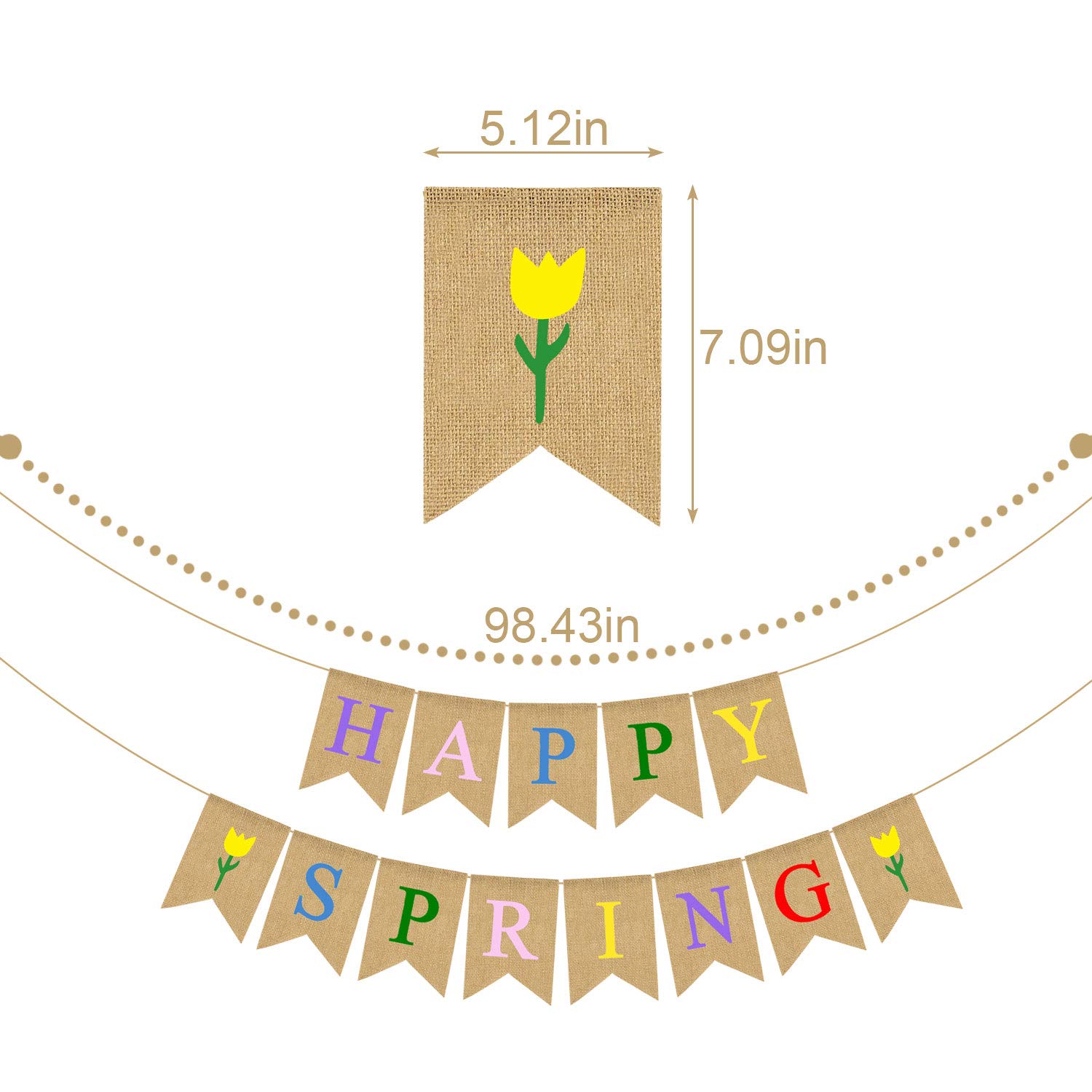 Happy Spring Jute Burlap Banner with Floral Design - Home Mantel Fireplace Decoration for Easter, Wedding & Garden Party Decor