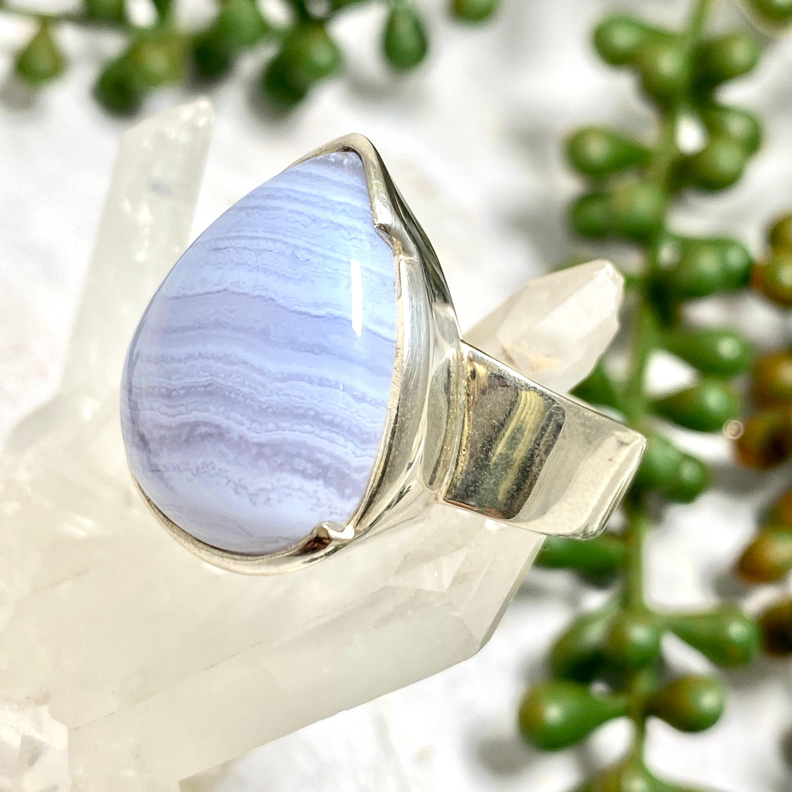 Blue Lace Agate Teardrop Cabochon Ring - Size 10 - KRGJ1898 - Elegant Handmade Jewelry for Women, Perfect for Weddings, Parties & Special Occasions