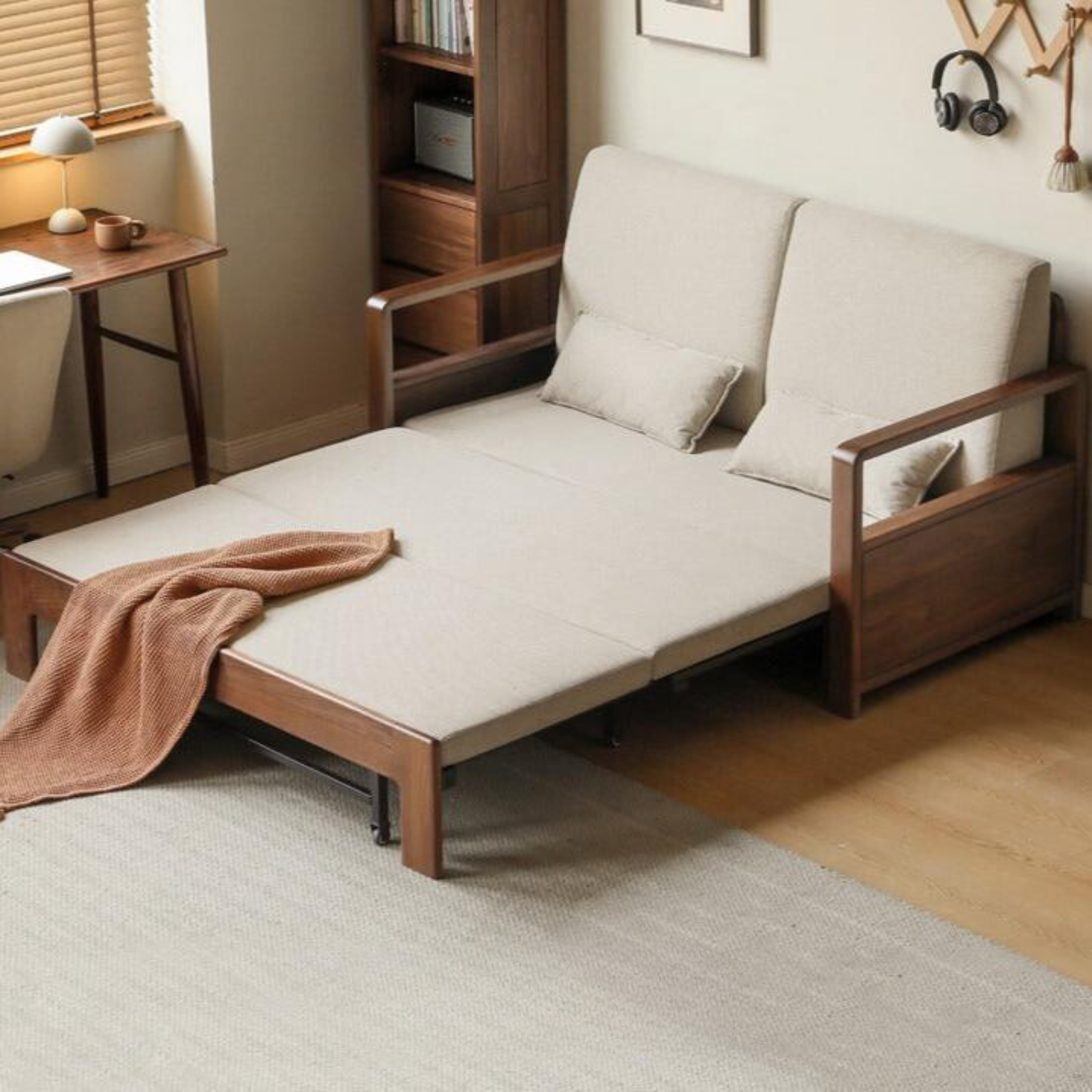 Premium Black Walnut Solid Wood Folding Sofa Bed - Convertible Space-Saving Furniture for Small Apartments, Guest Rooms & Home Offices