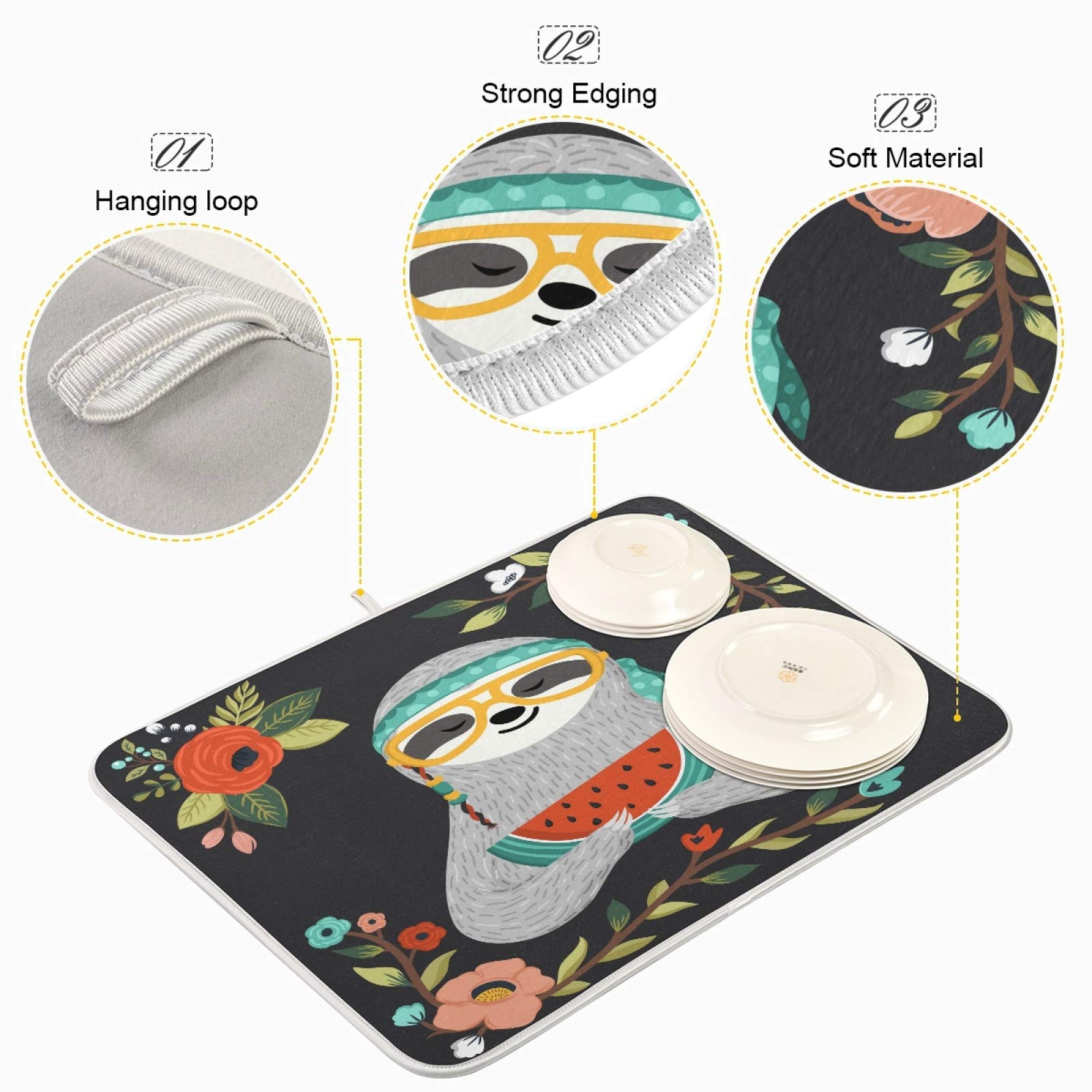 Watermelon Sloth Kitchen Dish Drying Mat 16x18 Inch - Absorbent Countertop Drying Pad for Dishes | Summer Kitchen Decor | Easy to Clean & Reusable | Perfect for Kitchen Counter, Sink Area & Dining Table