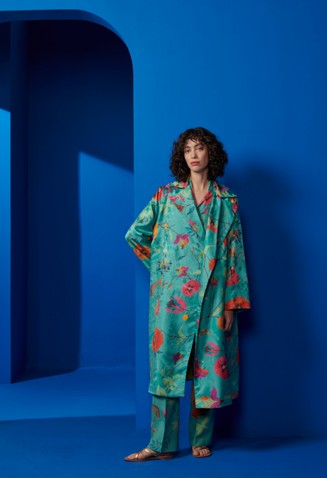 Elegant Long Silk Damask Coat in Aqua - Perfect for Formal Events, Weddings & Evening Parties