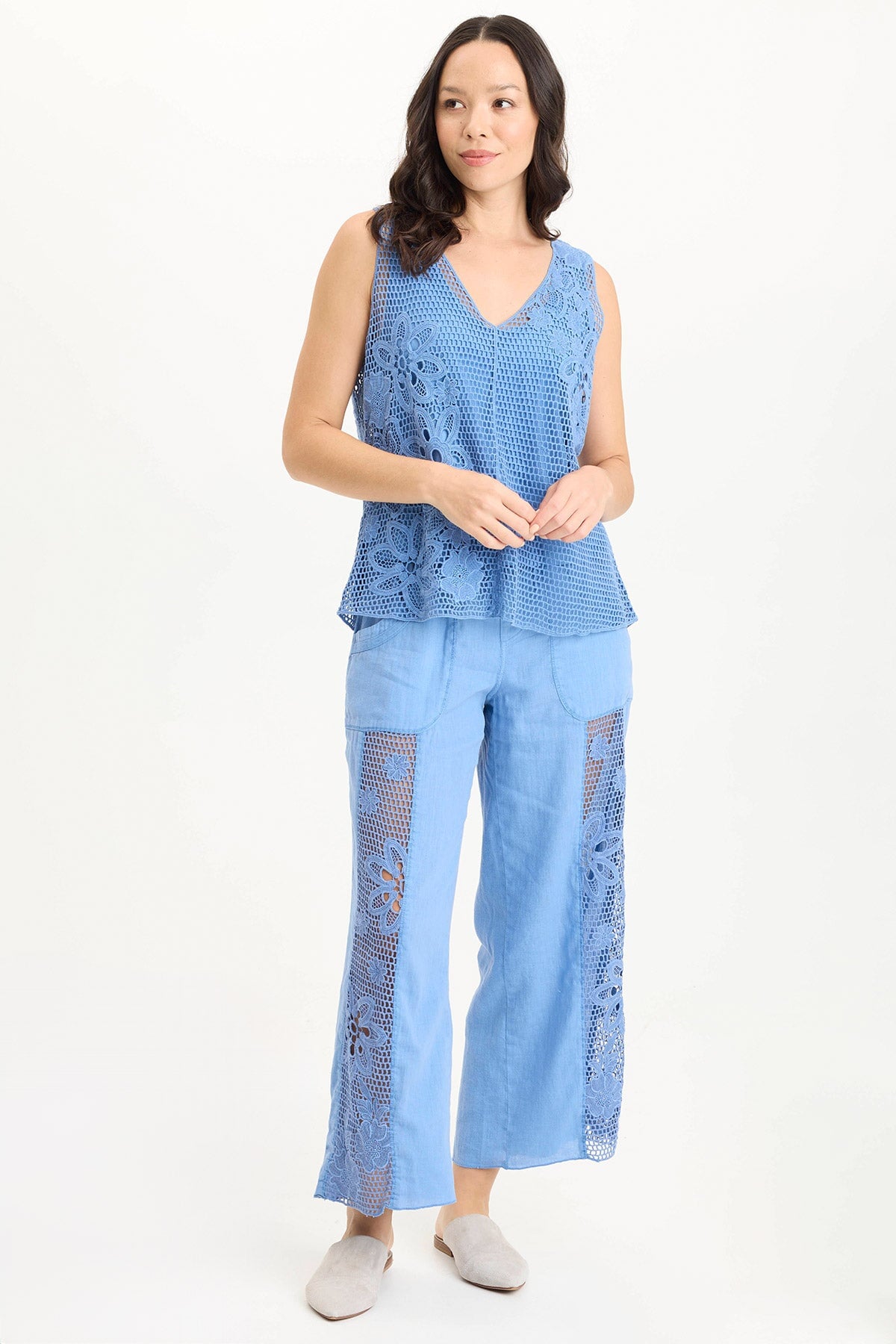 Rokel Linen Crochet Ruched Wide Leg Pants for Women - Boho Chic High Waisted Palazzo Pants - Summer Beach Vacation Outfit & Casual Lounge Wear