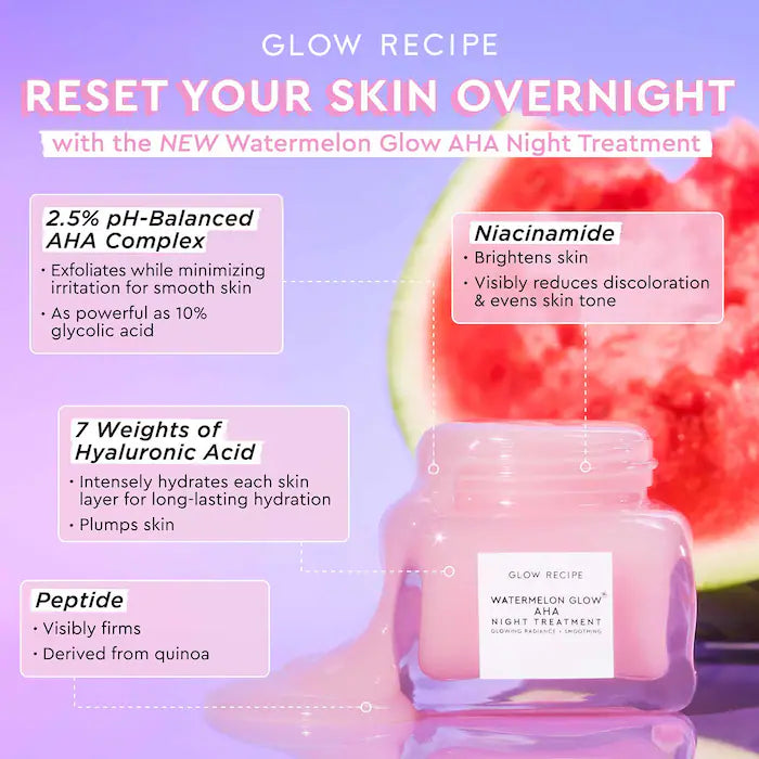 Glow Recipe Watermelon Glow AHA Overnight Face Mask - Hydrating & Brightening Night Treatment for Glowing Skin | Perfect for Dry, Dull Skin & Evening Skincare Routine