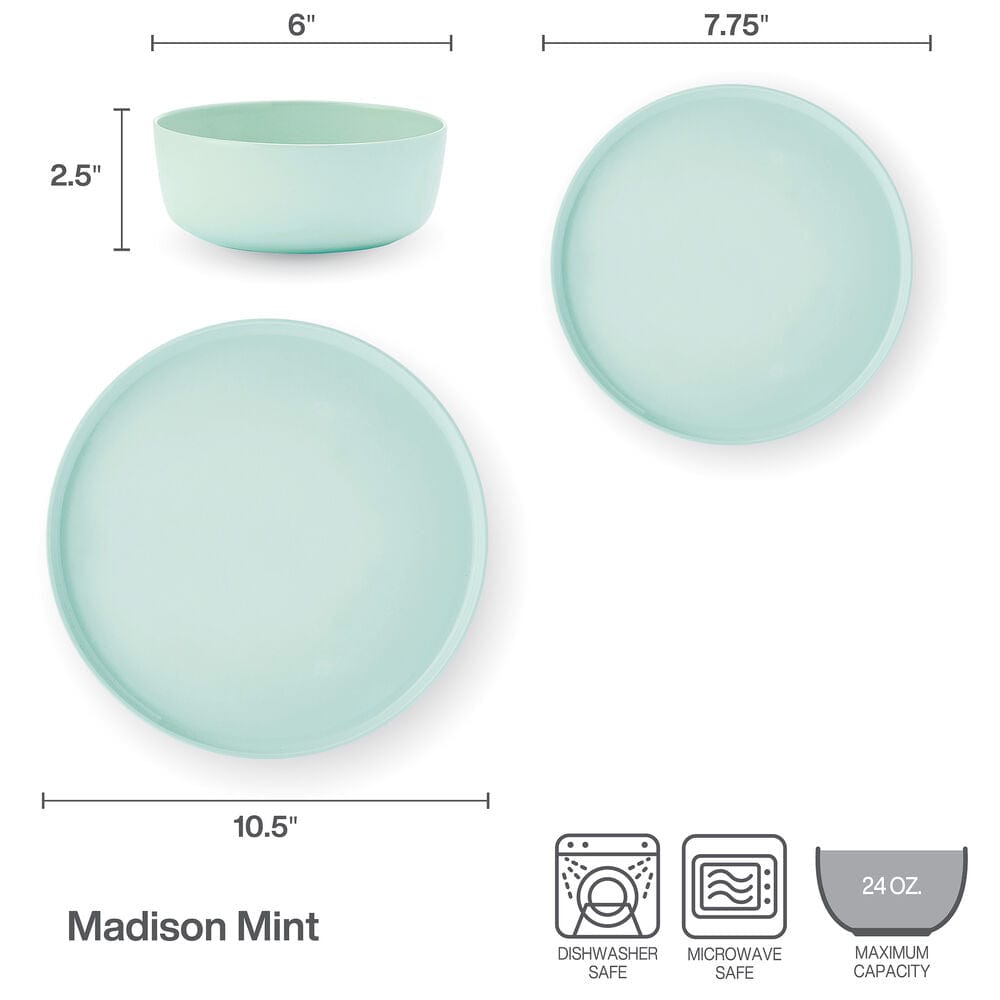 Madison Mint 12-Piece Dinnerware Set - Service for 4 People | Elegant Porcelain Plates, Bowls & Mugs | Perfect for Family Dinners, Entertaining Guests & Everyday Use