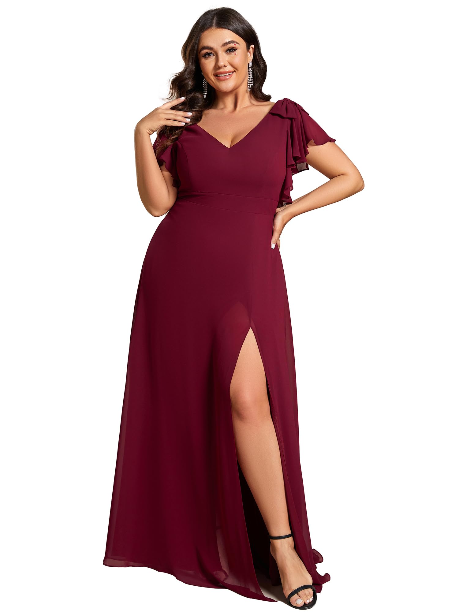 Ever-Pretty Plus Size Women's Summer Chiffon Bridesmaid Dress with Bowknot & Ruffle Sleeves - V-Neck A-Line Formal Gown 02080-DA | Perfect for Weddings, Parties & Special Occasions