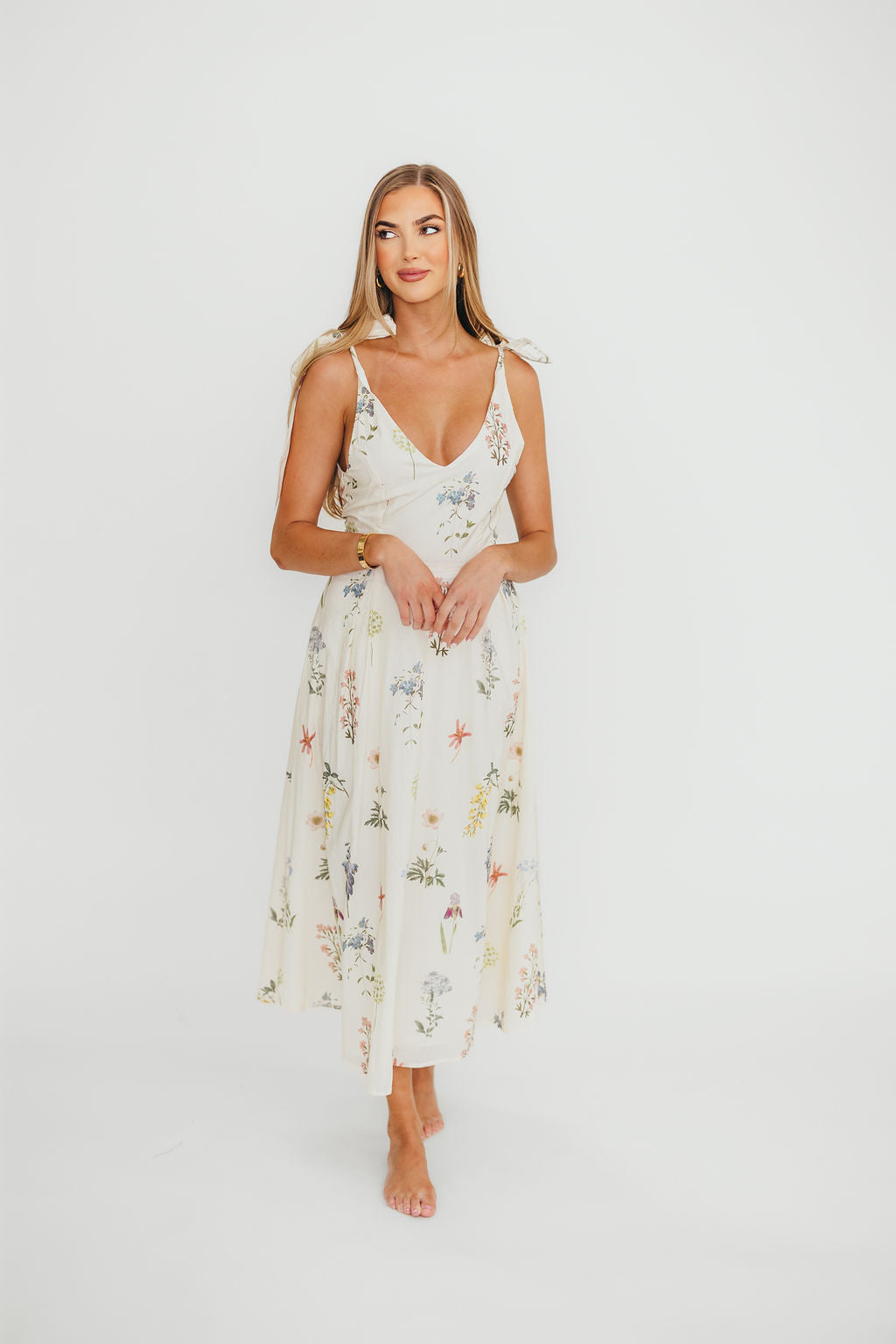 Fawna Floral Midi Dress in Cream - Elegant Floral Print Summer Dress for Women | Perfect for Weddings, Garden Parties & Date Nights