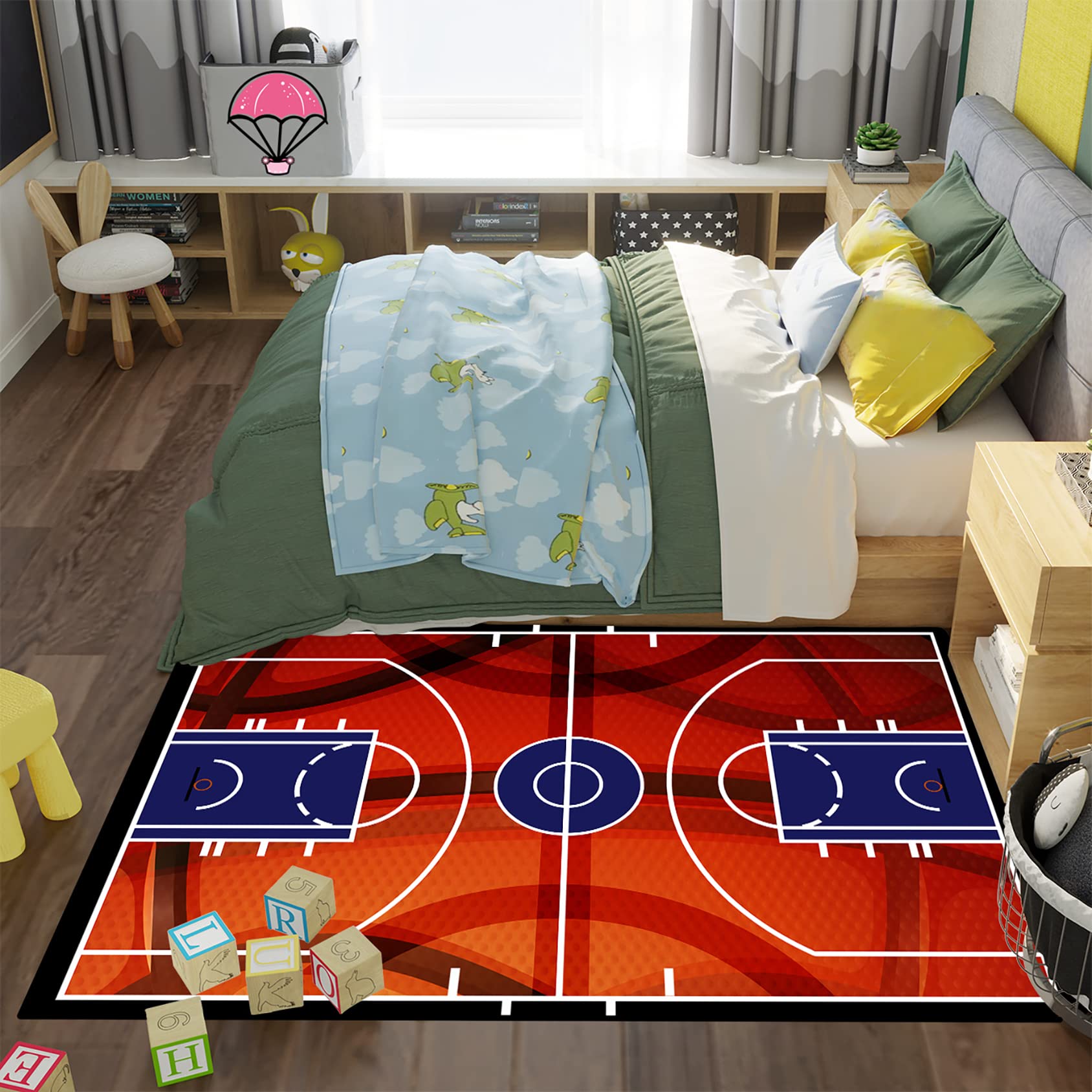 Basketball Court Area Rug - 3'×5' Non-Slip Sports Floor Mat for Boys Room, Living Room & Game Room Decor | Perfect for Kids Bedroom, Playroom & Sports Themed Spaces