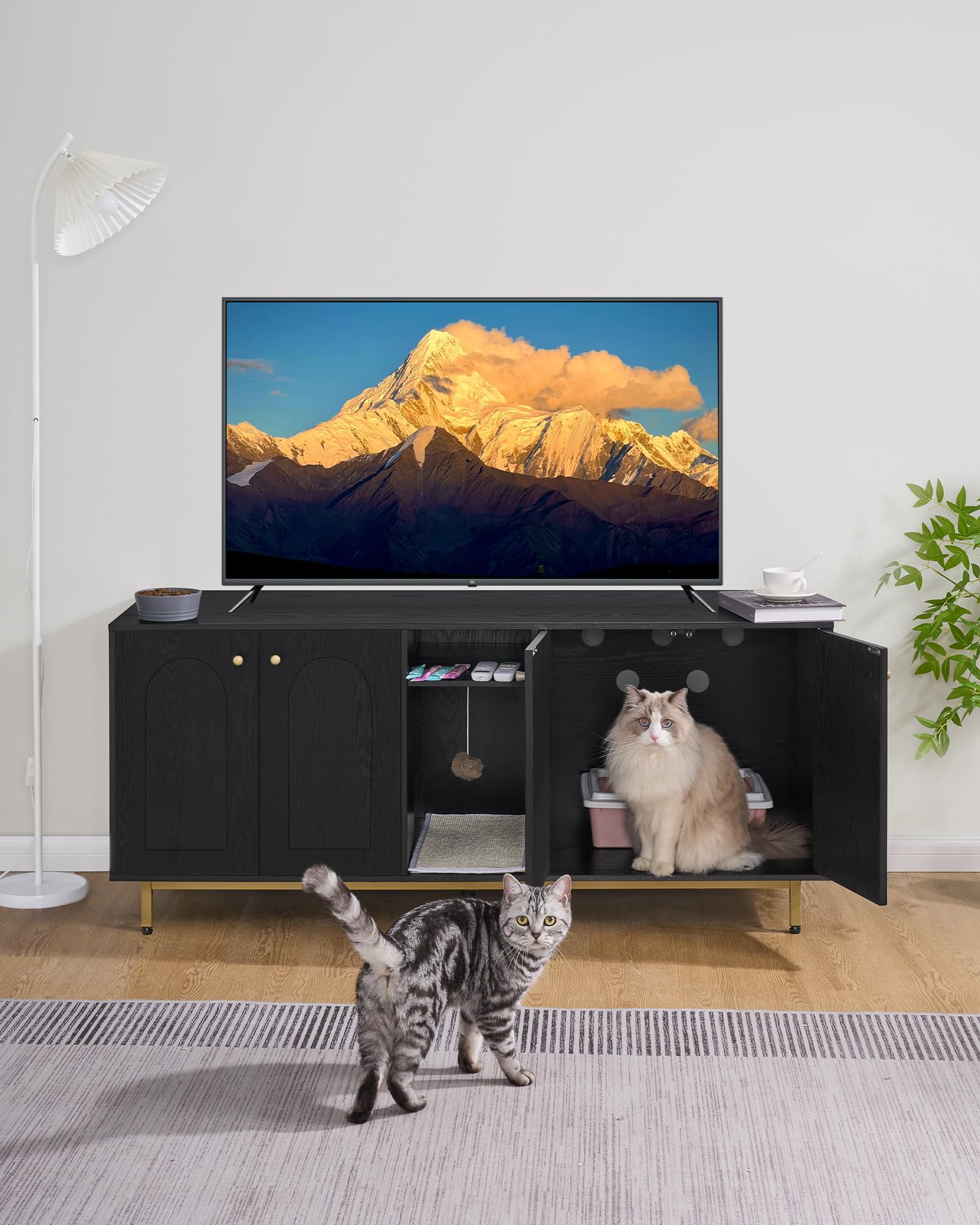 Hidden Cat Litter Box Furniture Enclosure - Wooden Pet House Side Table with Storage Cabinet, 55.2 x 19.7 x 23.9 Inches, Black & Gold CB81504A - Perfect Discreet Litter Box Solution for Living Room, Bedroom or Small Spaces