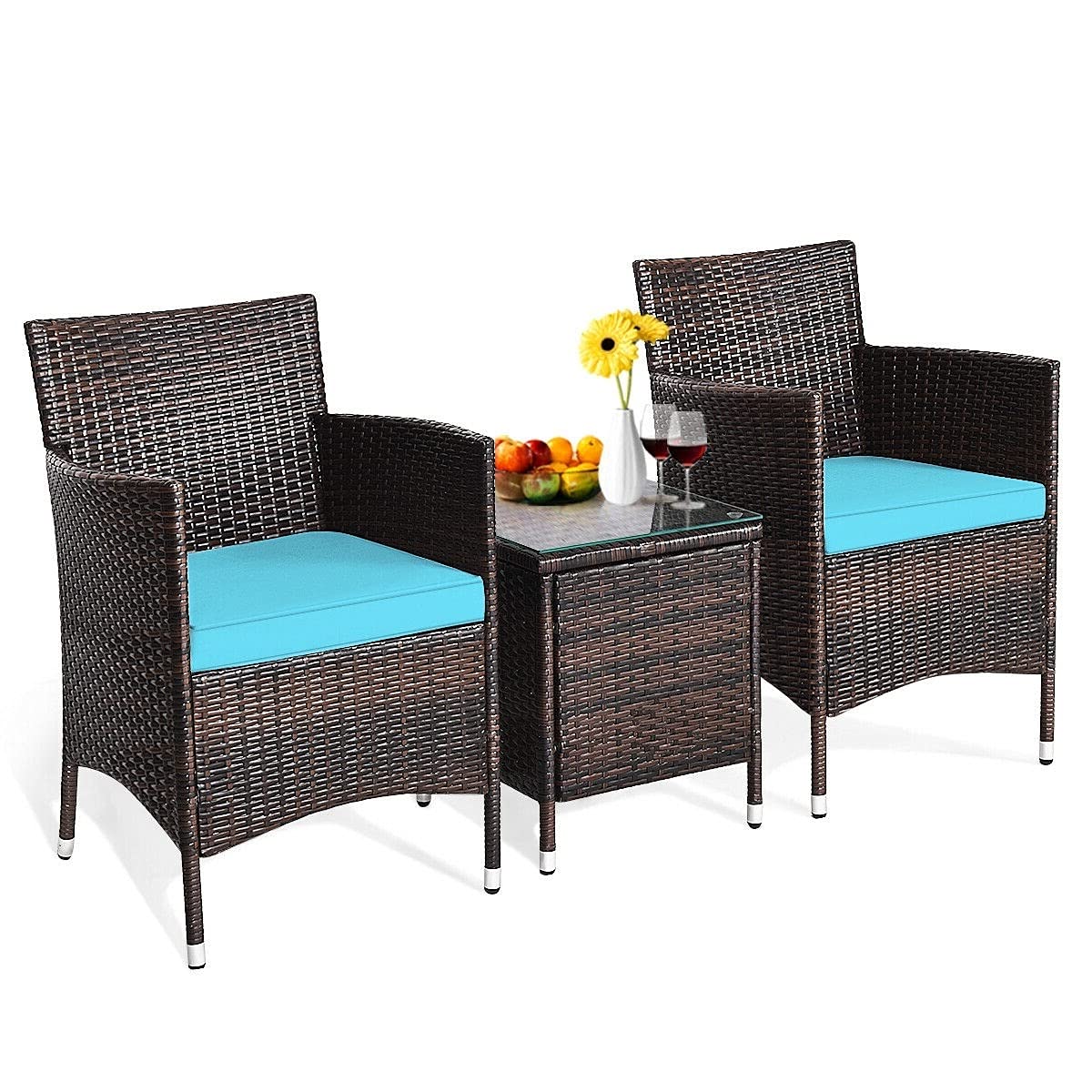 3-Piece Outdoor Patio Furniture Set with 2 Rattan Chairs & 1 Tempered Glass Coffee Table - Blue Soft Cushions for Backyard, Deck, Balcony, Poolside - Perfect for Relaxing, Entertaining & Outdoor Living Spaces