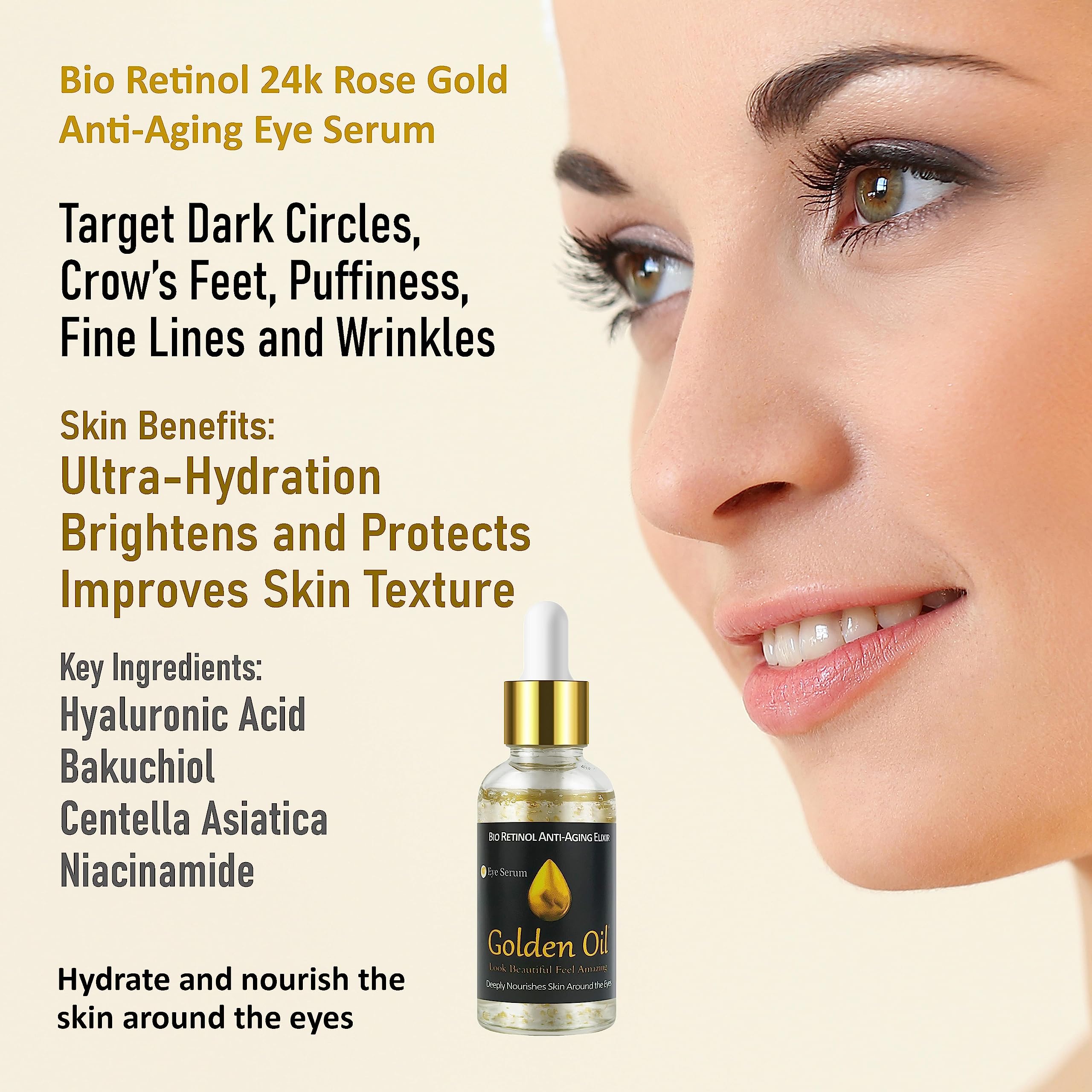 24K Gold Anti-Aging Face & Eye Serum with Bio Retinol, Hyaluronic Acid & Bakuchiol - Dark Circle & Wrinkle Treatment for Fine Lines, Crow's Feet - 1.0 Fl Oz - Perfect for Nighttime Skincare Routine & Daily Hydration