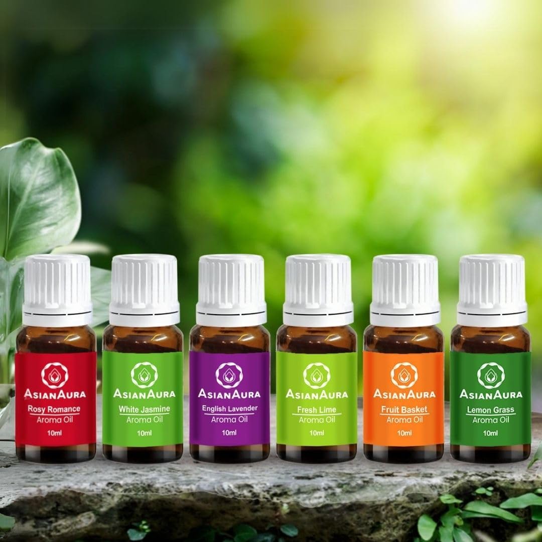 Premium Aromatherapy Essential Oil Set - 6 Pack (10ml Each) with Fresh Lime, Rosy Romance, White Jasmine, English Lavender, Lemon Grass & Fruit Basket Scents | Asian Aura Diffuser Oils for Home Relaxation, Spa, Yoga & Meditation | Natural Fragrance for Stress Relief & Mood Enhancement