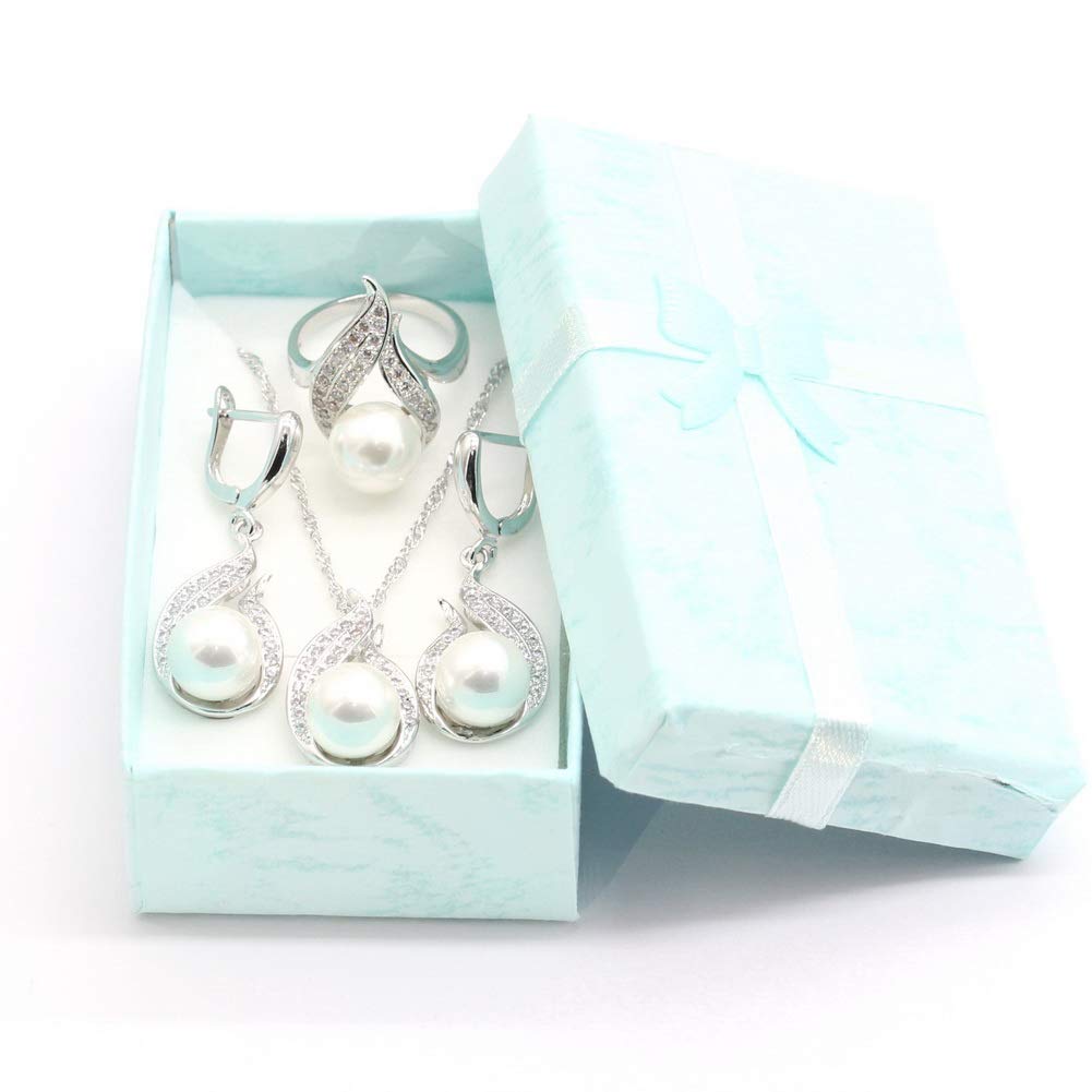 Elegant White Freshwater Pearl Jewelry Set for Women - Sterling Silver & White Gold Plated Necklace, Drop Earrings & Rings - Perfect for Weddings, Bridal Parties & Special Occasions