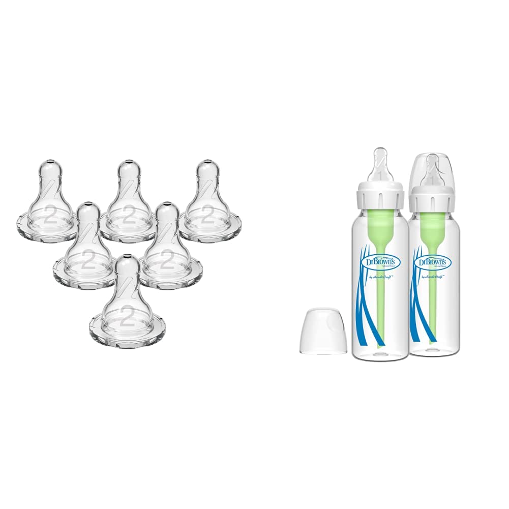 Dr. Brown's Natural Flow Level 2 Narrow Baby Bottle Silicone Nipple (6 Pack) + Anti-Colic Vent System + Glass Baby Bottles (2-Pack, 8 oz) - Perfect for Newborns & Infants, Reduce Gas & Spit-Up, Ideal for Breastfeeding Transition & On-the-Go Feeding