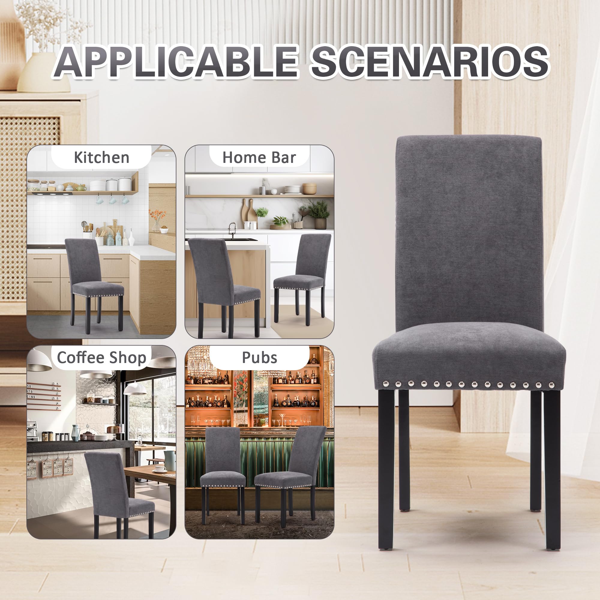 Set of 4 Modern Dining Chairs with Black Metal Legs - Gray Upholstered Kitchen & Living Room Chairs for Home, Restaurant, or Office Use
