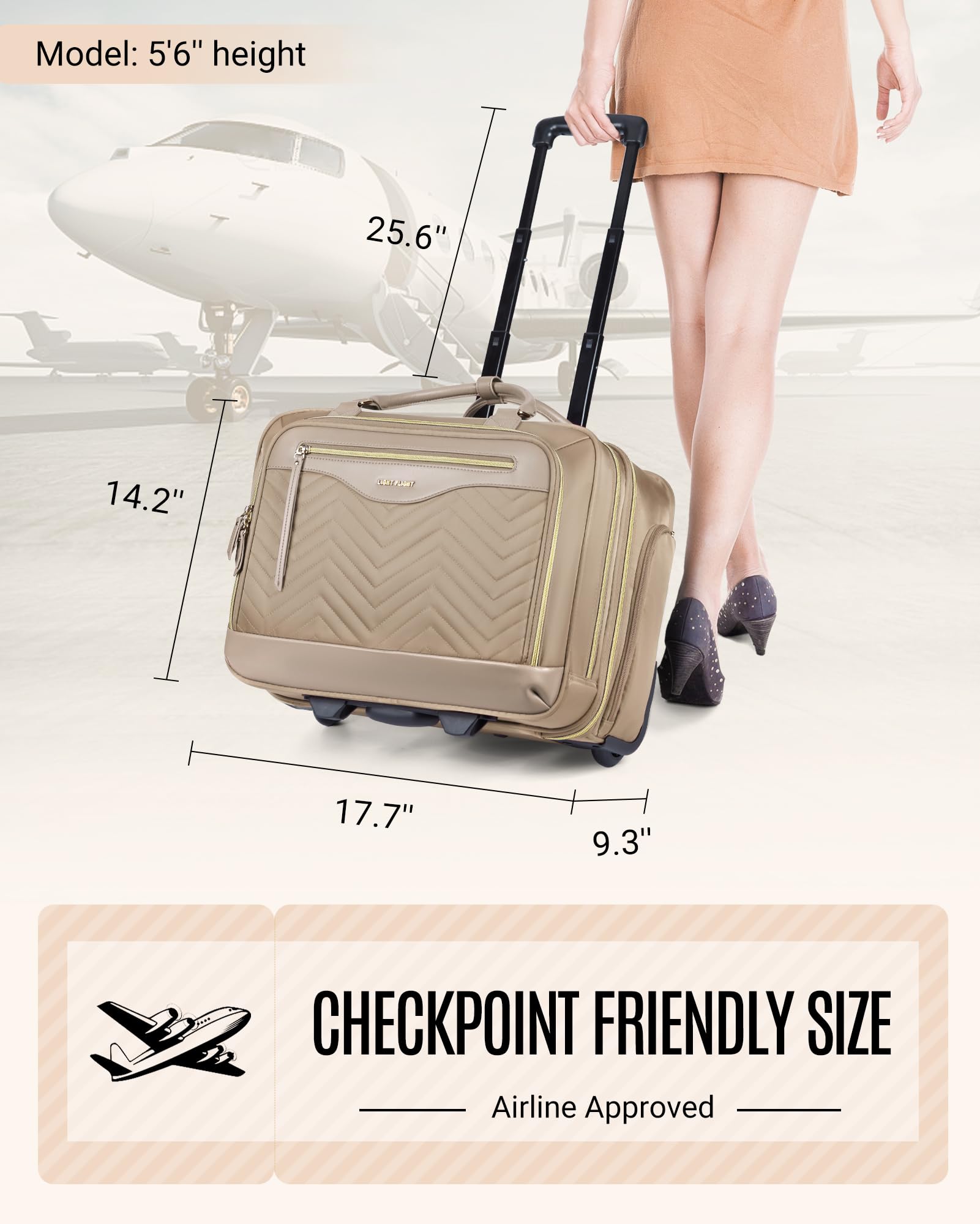 LIGHT FLIGHT 17.3 Inch Rolling Laptop Bag for Women - Wheeled Computer Briefcase with Telescopic Handle, Champagne - Perfect for Business Travel, Work Commute & Overnight Trips