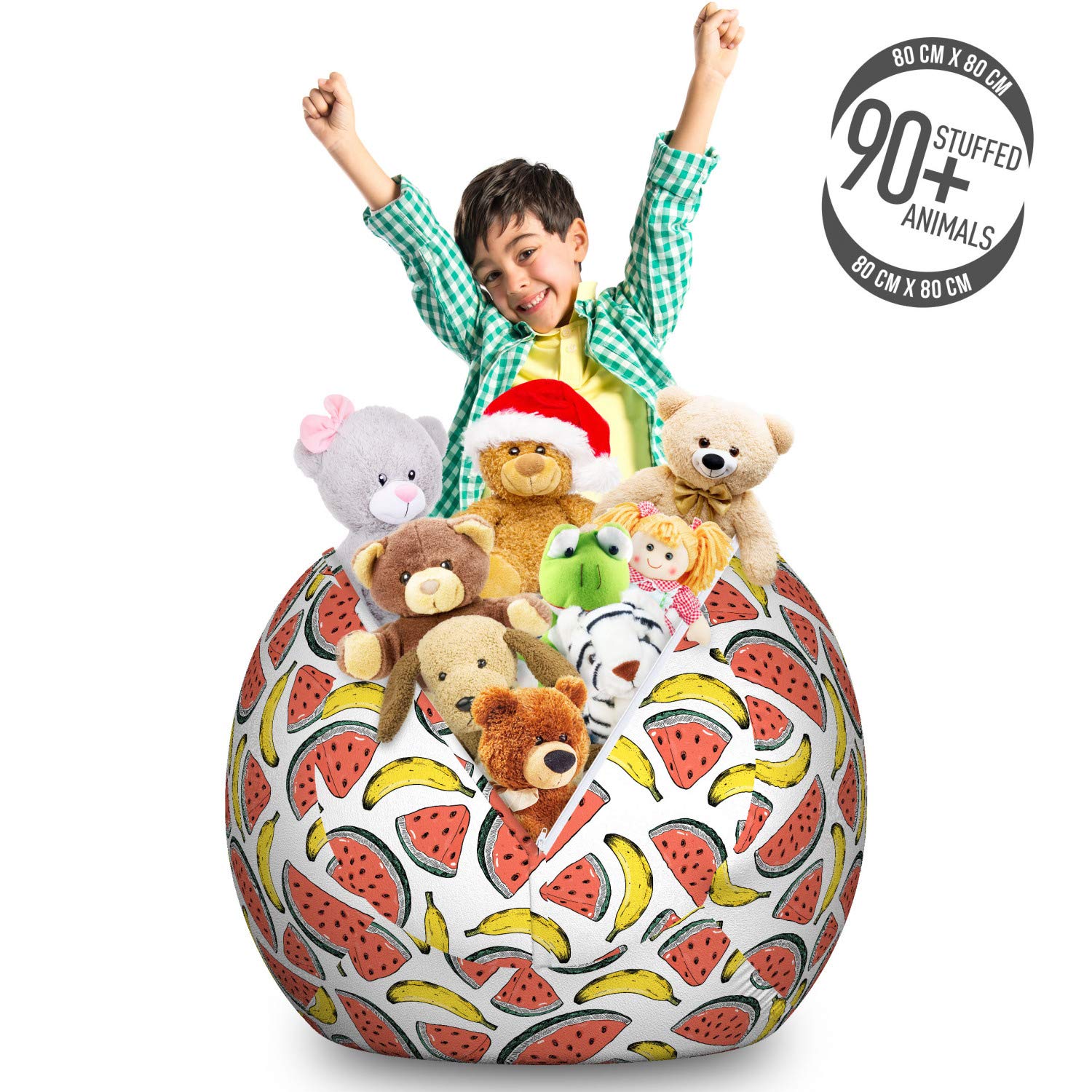 Ambesonne Fruit-Themed Storage Toy Bag Chair - Large Washable Stuffed Animal Organizer with Watermelon & Banana Design in Coral, White & Yellow | Kids' Room Decor, Playroom Storage, Nursery Organization