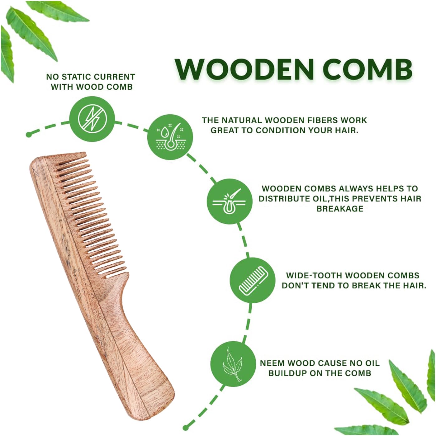 KAVIN Anti-Bacterial Wooden Neem Comb for Kids, Men & Women – Natural Hair Care & Scalp Massage – Pack of 1 | Perfect for Daily Use, Travel & Gentle Detangling