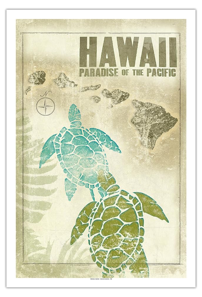 Hawaii Vintage Travel Poster - Paradise of the Pacific with Turtles (Honu) by Wade Koniakowsky - 30x44in Unframed Fine Art Matte Paper Print - Perfect for Beach House Decor, Tropical Theme Rooms & Travel Lovers