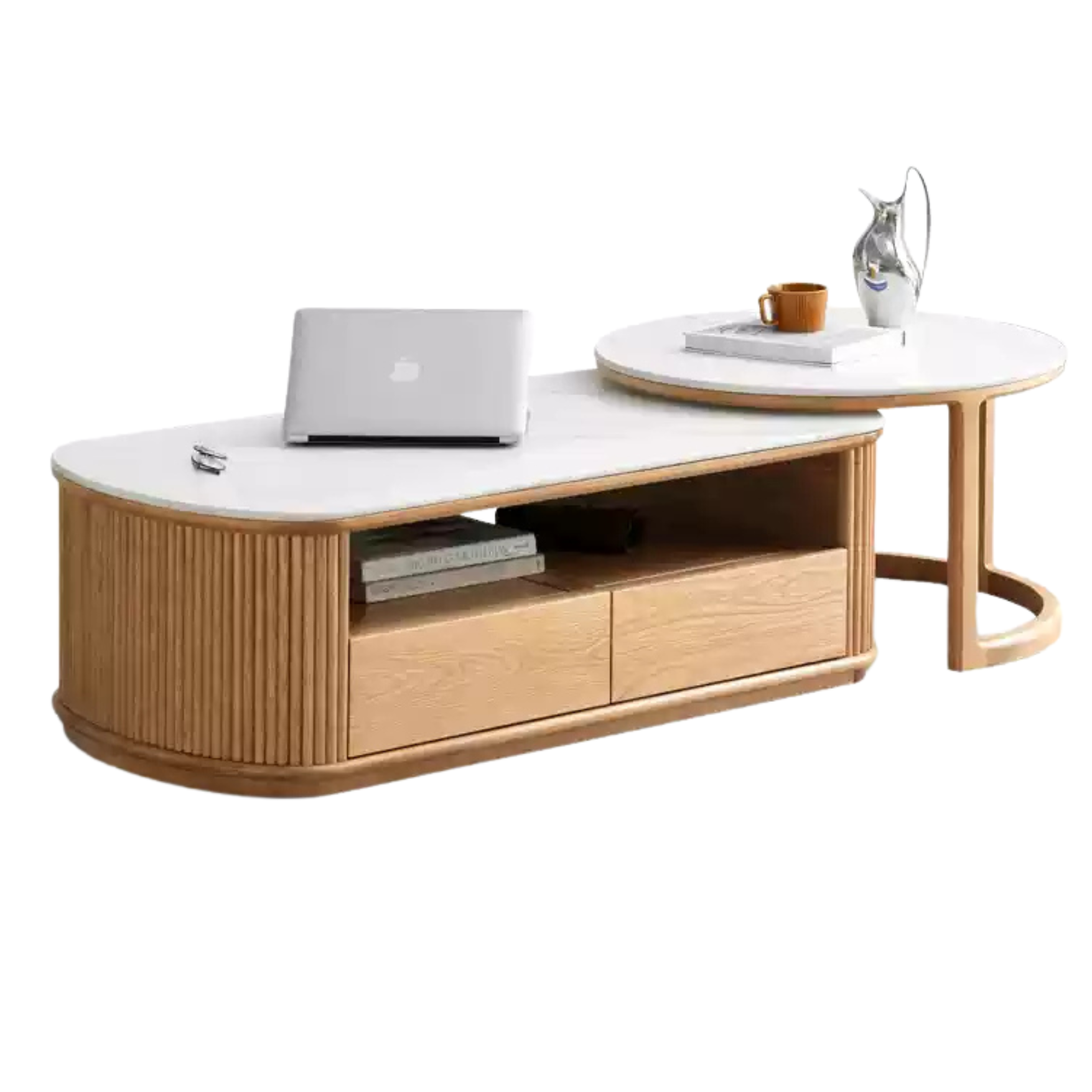 28.3x28.3x16.5 inch / 72х72х42cm + 47.2x23.6x15 inch / 120x60x38сm / Oak Natural wood color / round table + four-drawer coffee table