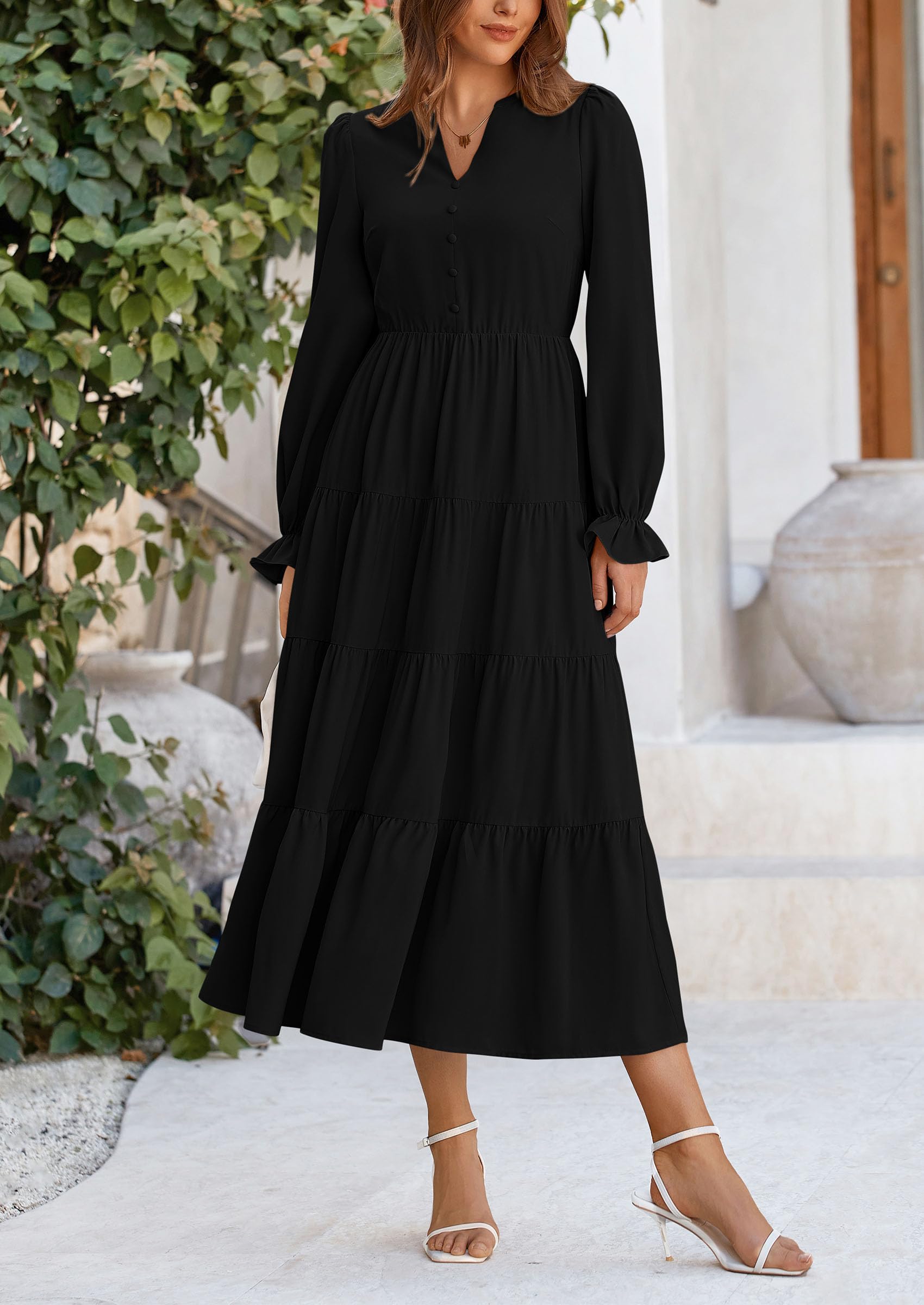 PRETTYGARDEN Women's Long Sleeve V-Neck Maxi Dress - Flowy Tiered Ruffle A-Line Cocktail Party Dress for Spring & Fall | Perfect for Weddings, Date Nights & Special Occasions