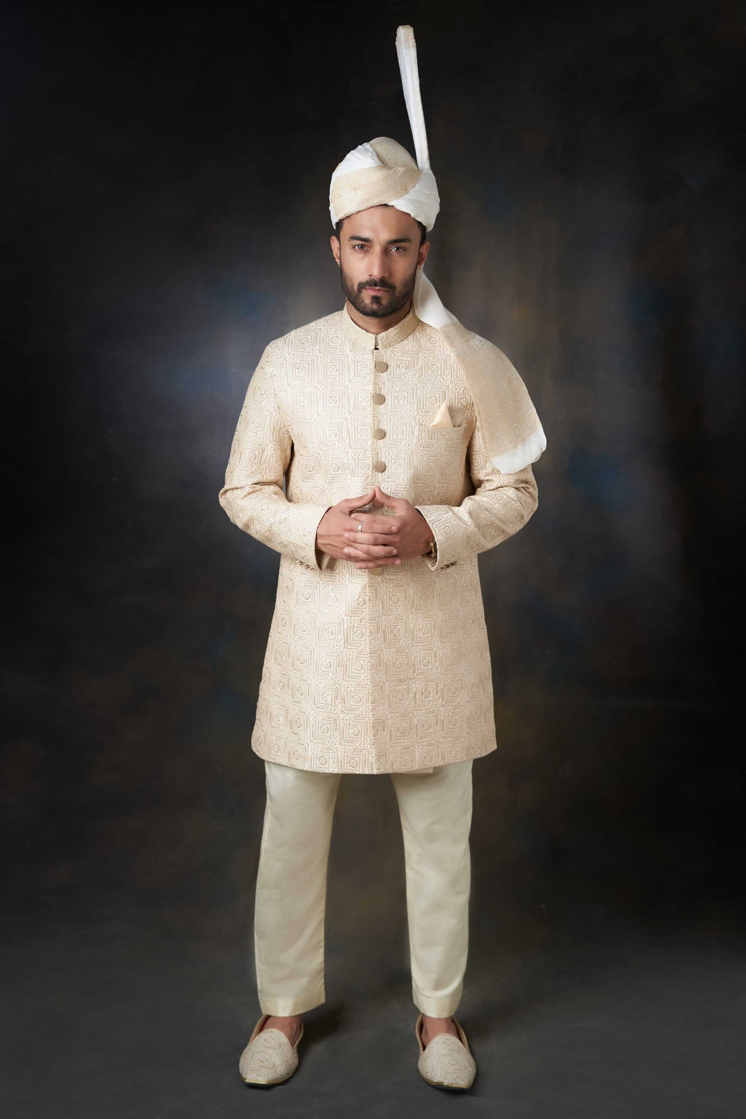 Elegant Fawn Gold Raw Silk Sherwani for Men - Custom AI Signature Buttons | Perfect for Weddings, Festivals & Special Occasions