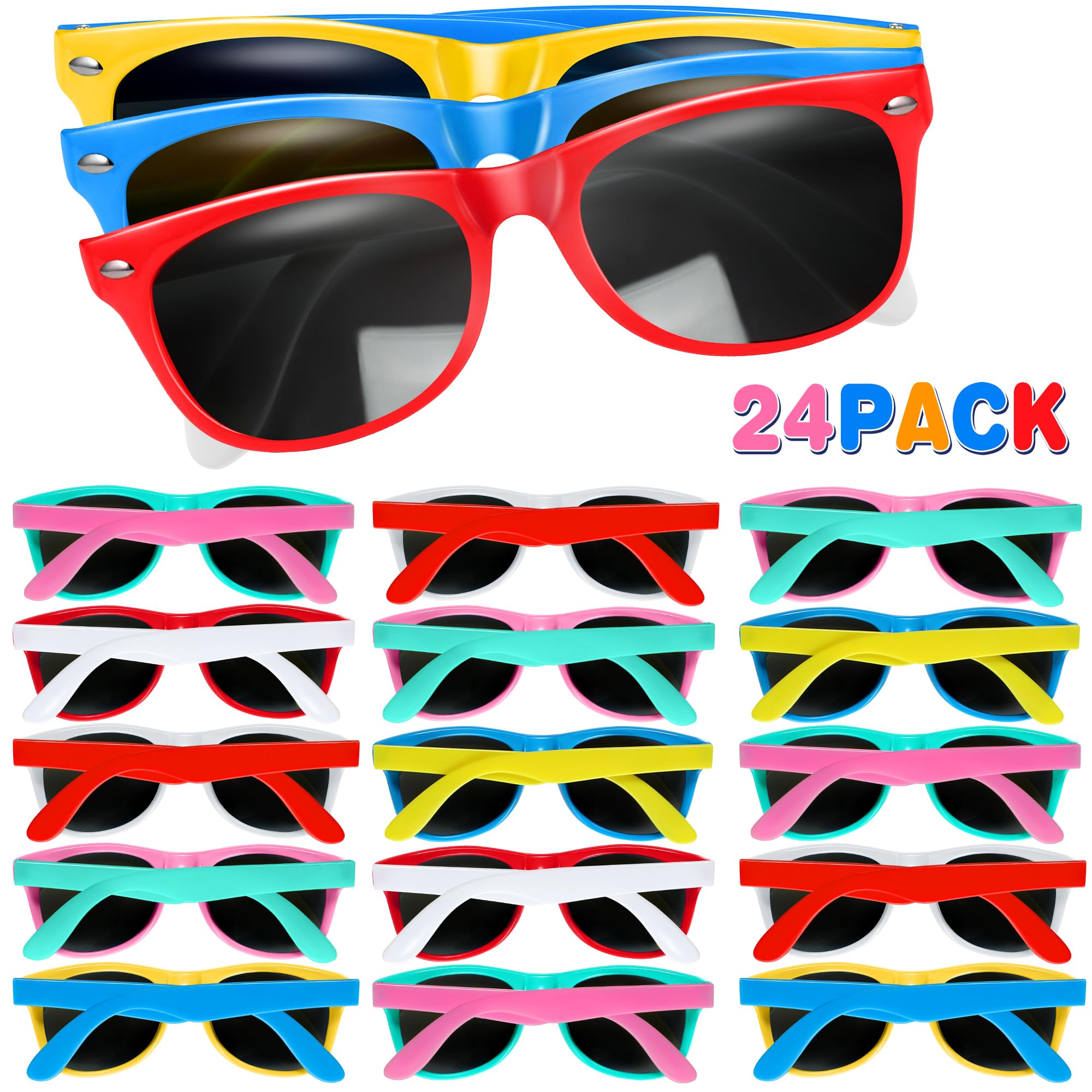 GINMIC 24-Pack Kids Sunglasses Bulk - UV Protection Neon Sunglasses for Boys & Girls | Perfect for Birthday Parties, Beach, Pool Party Favors, Summer Outdoor Activities & Goody Bag Gifts