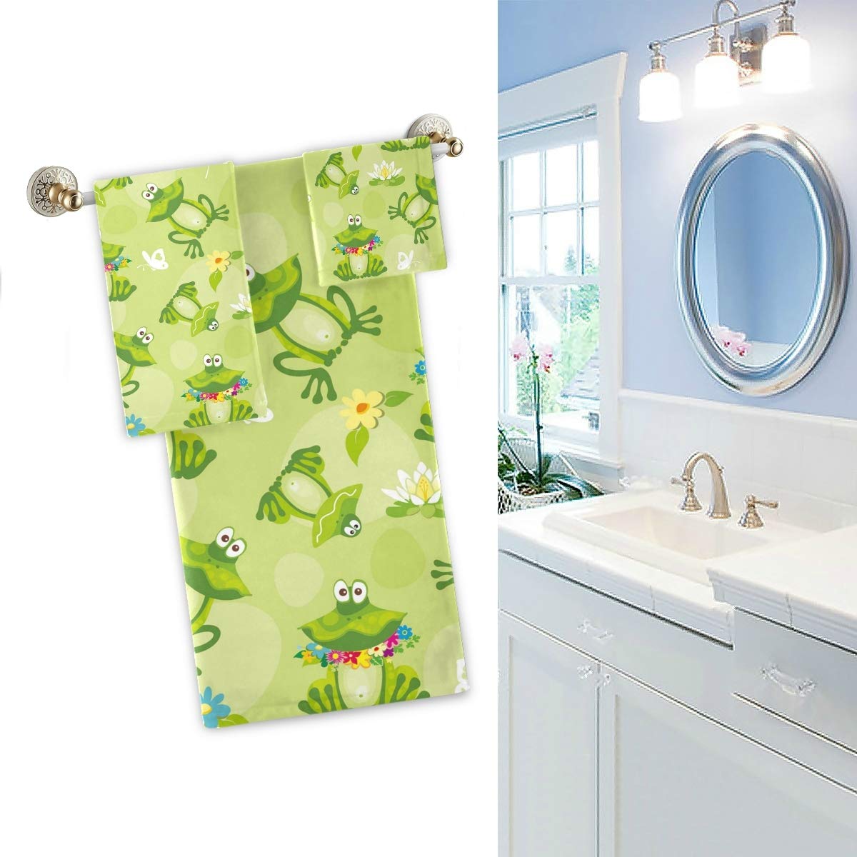 Premium 3-Piece Luxury Bath Towel Set - Soft & Absorbent Frog Dragonfly Butterfly Design for Bathroom, Spa, Gym & Beach Use (Green) | Includes 1 Bath Towel, 1 Hand Towel & 1 Washcloth | Perfect for Home Decor, Hotels & Gifts