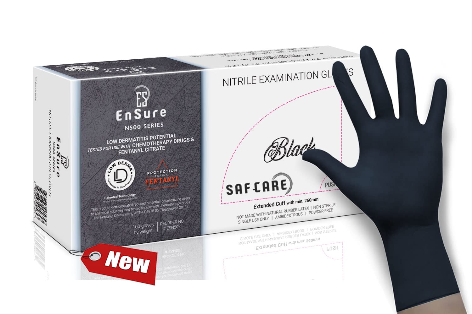 EnSure Low Derma Gray Black Nitrile Exam Gloves - Chemo Rated, Powder & Latex Free, 5 Mil Thick, Textured Fingertips, Extended Cuff - Ideal for Medical, Dental, Food Handling & Laboratory Use