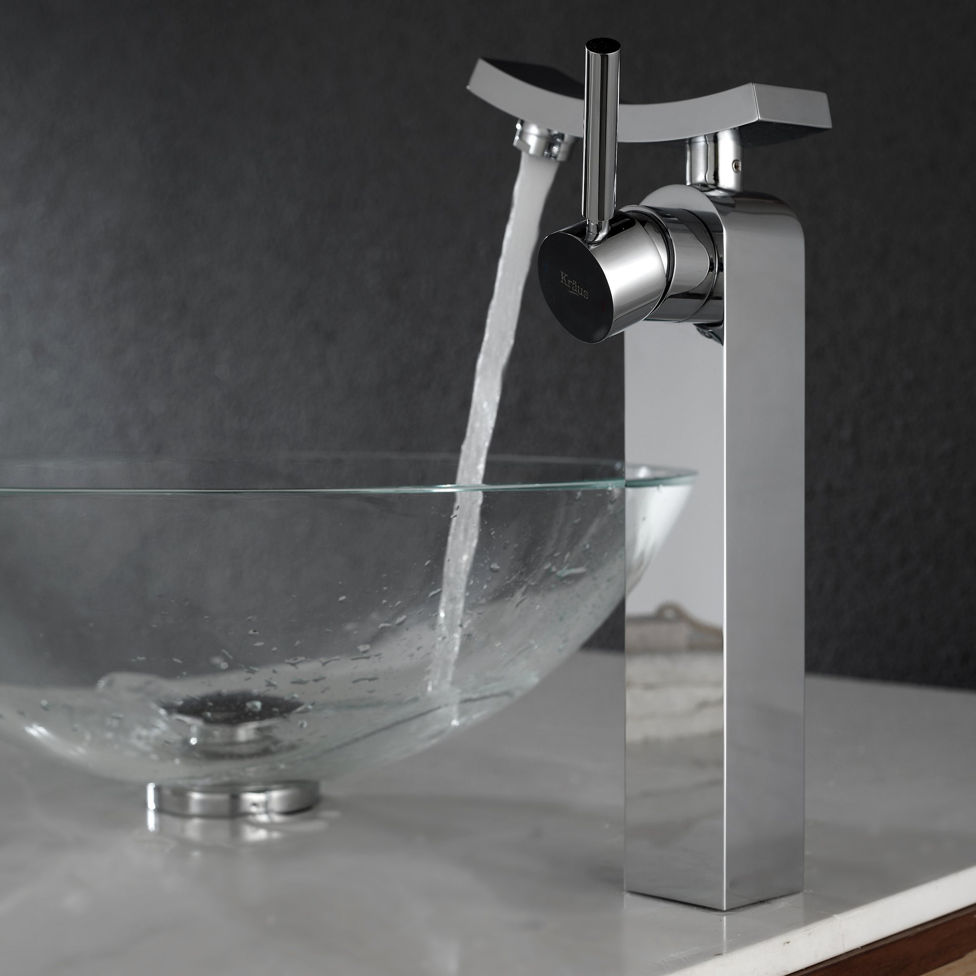 Kraus GV-100-CH Crystal Clear Glass Vessel Bathroom Sink with Chrome PU-MR Finish - Modern Vanity Basin for Contemporary Bathroom Decor