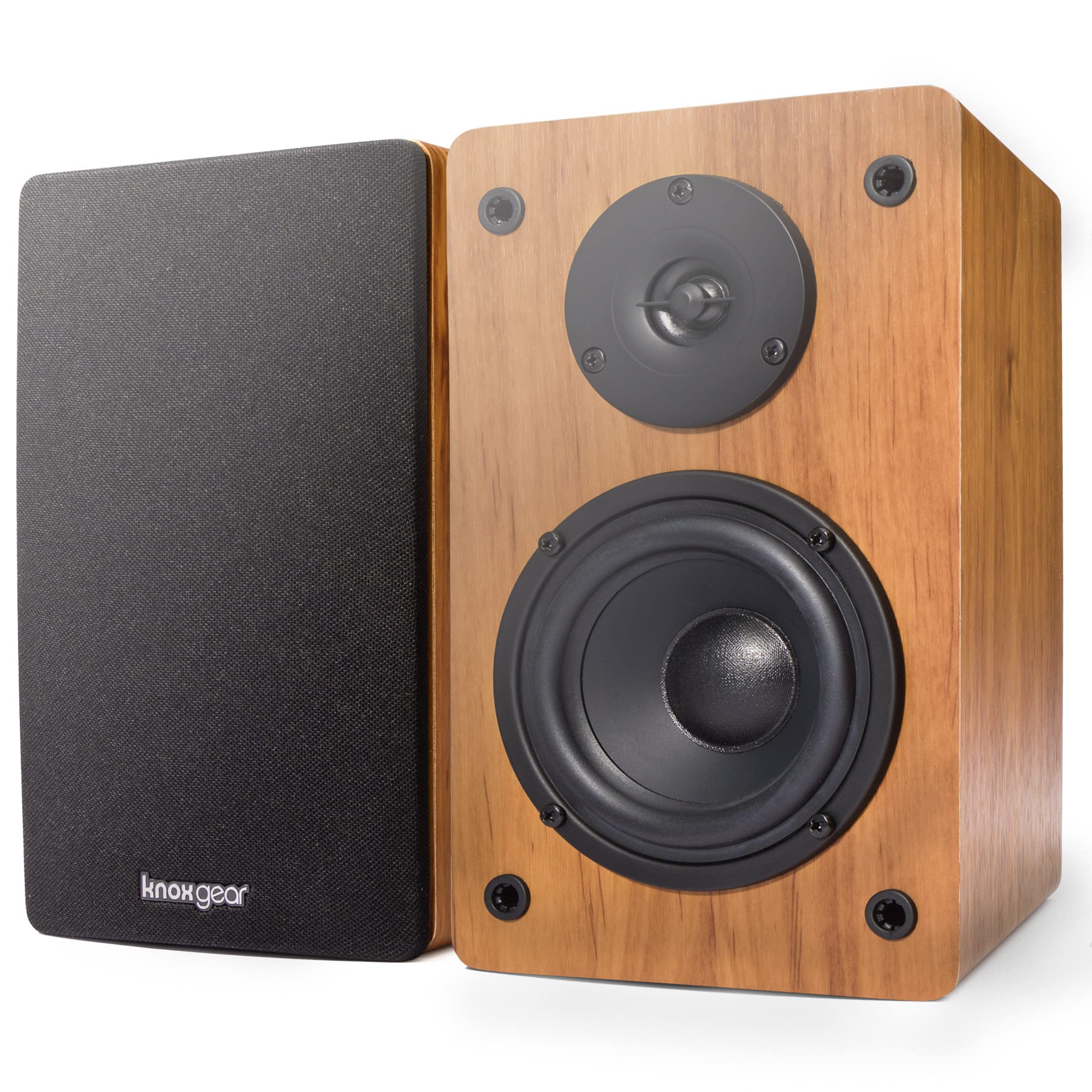 Knox Gear LP1 30W x 2 Powered Bookshelf Speakers with Bluetooth - 2.0 Stereo Studio Monitor for Record Players - 4-Inch Paper Cone Woofer & Wood Finish - Perfect for Home Audio, Vinyl Listening & Small Studio Setups