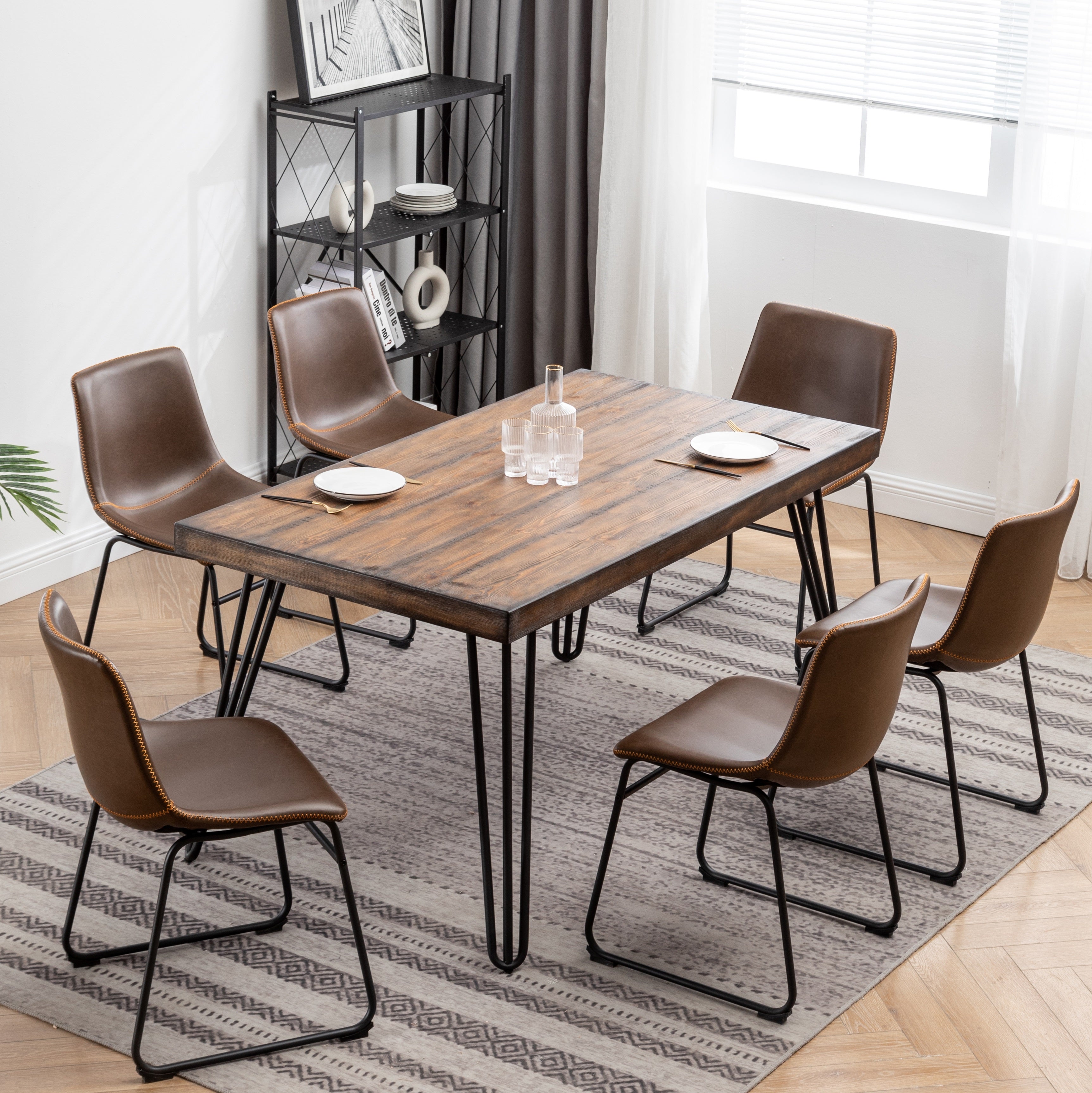 Roundhill Furniture Aryven 7-Piece Industrial Dining Set - Rustic Dark Pine Table & 6 Faux Leather Chairs for Kitchen, Dining Room & Restaurant Decor
