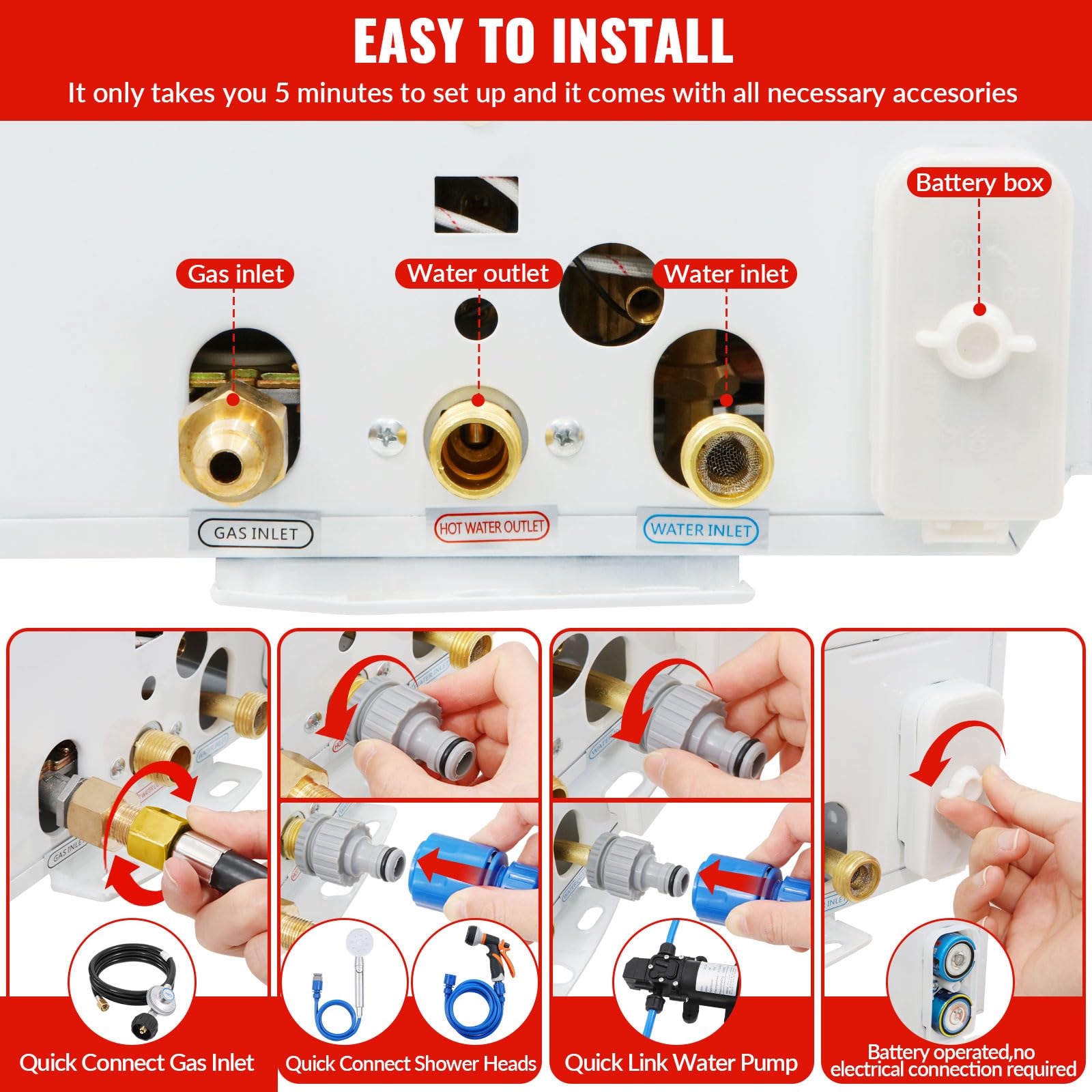 Portable Propane Tankless Water Heater - 2.11GPM 8L Outdoor Instant Hot Water System with Digital Display & Water Pump - Perfect for Camping, RV Trips, Boating & Off-Grid Cabins