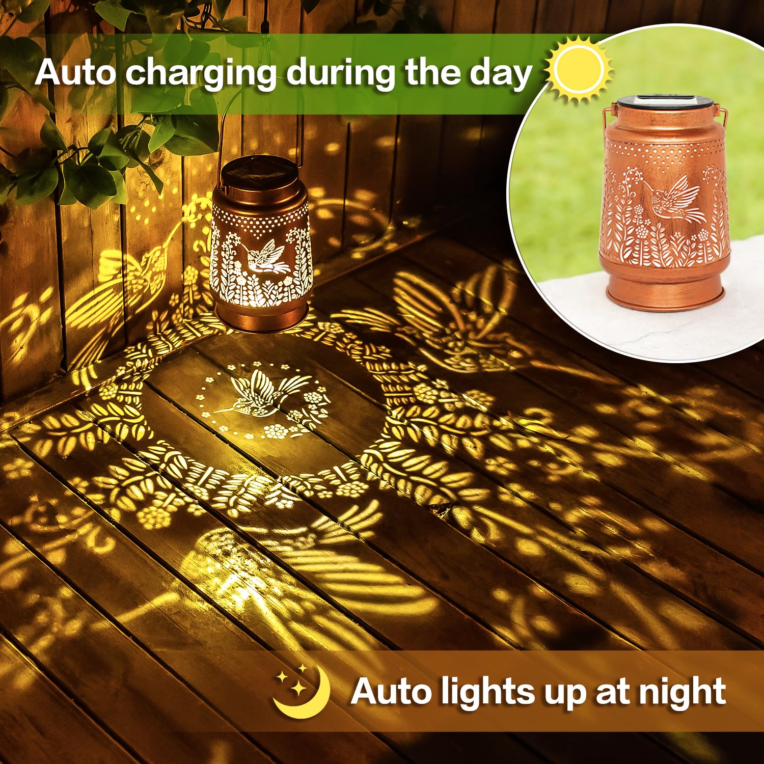 Solar Hummingbird Lanterns Outdoor - Waterproof Hanging LED Solar Lights for Garden, Yard, Patio Decor - Metal Decorative Hummingbird Gifts for Women & Men - Perfect for Tabletop, Pathway, Lawn and Landscape Lighting at Night