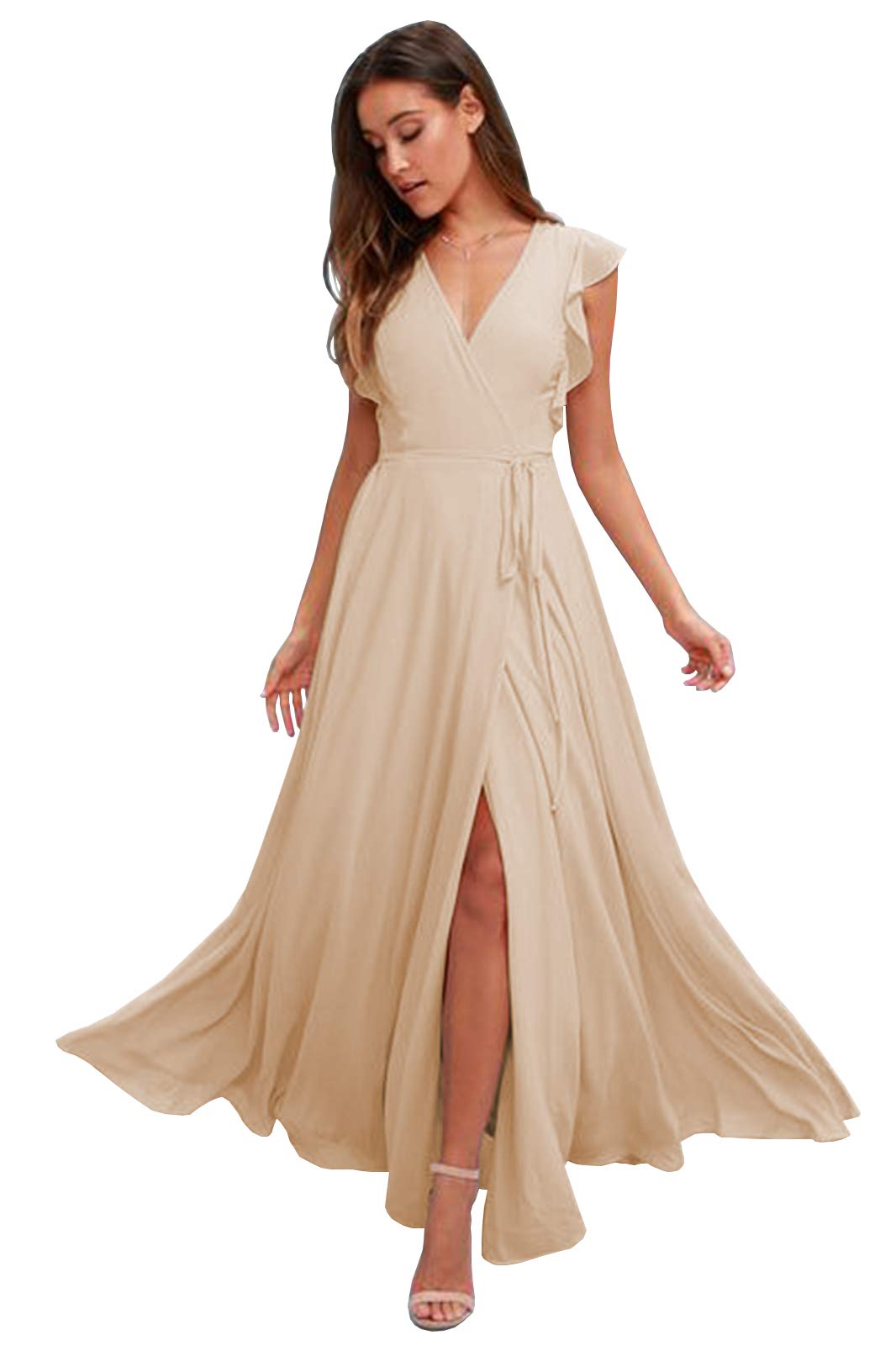 BONOYUER Women's Ruffled Sleeve Wrap Bridesmaid Dress - A-Line Chiffon Formal Long Prom Gown for Weddings, Parties & Special Occasions