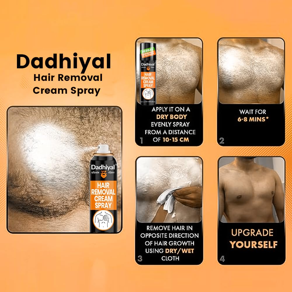 Dadhiyal Hair Removal Cream Spray - Painless & Irritation-Free Depilatory Spray for Chest, Underarms & Legs (55ml) | Quick & Easy Hair Removal at Home for Smooth Skin