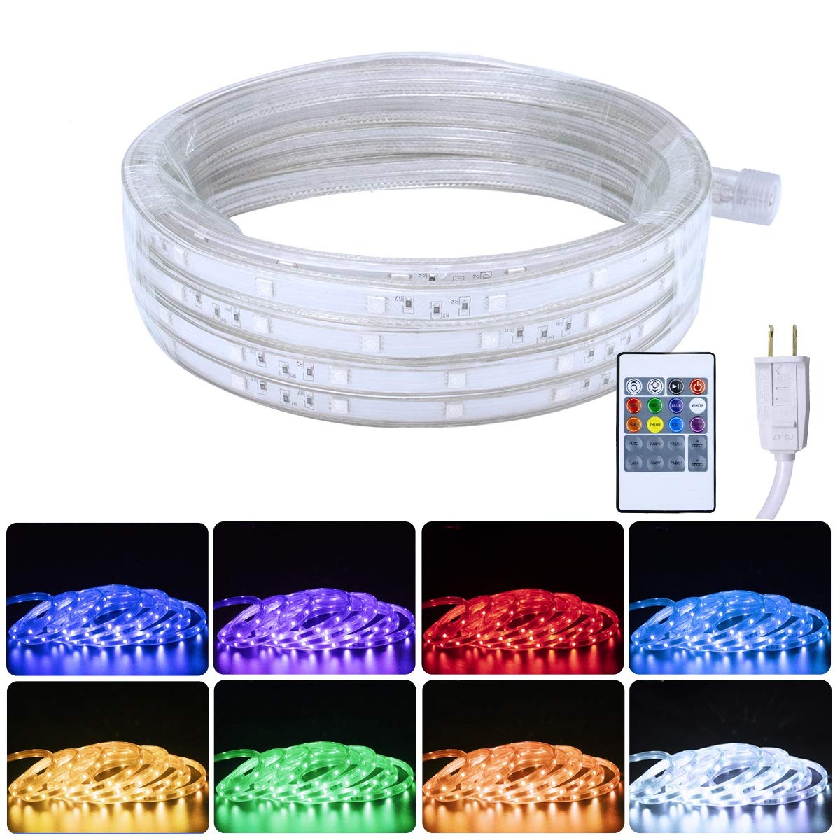 AKEPO 48Ft/15M Waterproof RGB Color Changing LED Rope Lights - Flexible Flat Design, AC120V Input, IR Remote & Manual Control for Indoor/Outdoor Christmas, Disco Party, Home & Garden Decoration