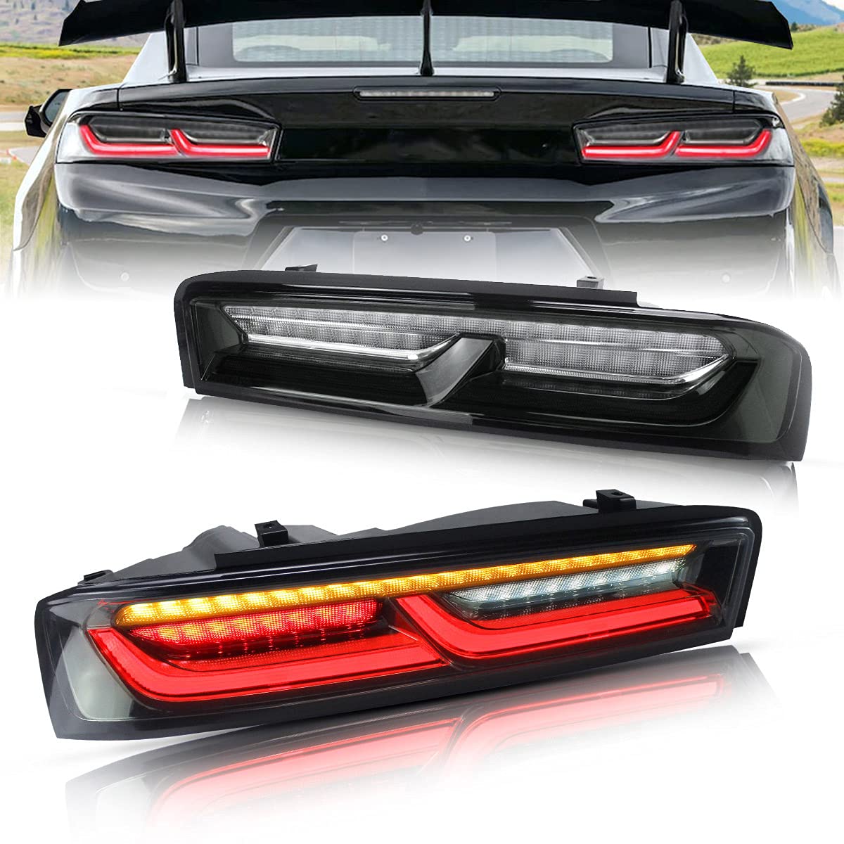 VLAND LED Tail Lights for Chevrolet Camaro 2016-2018 - Sequential Amber Turn Signal, Smoke Clear Lens Rear Lamp Assembly (US Plug) - Perfect for Night Driving & Car Customization