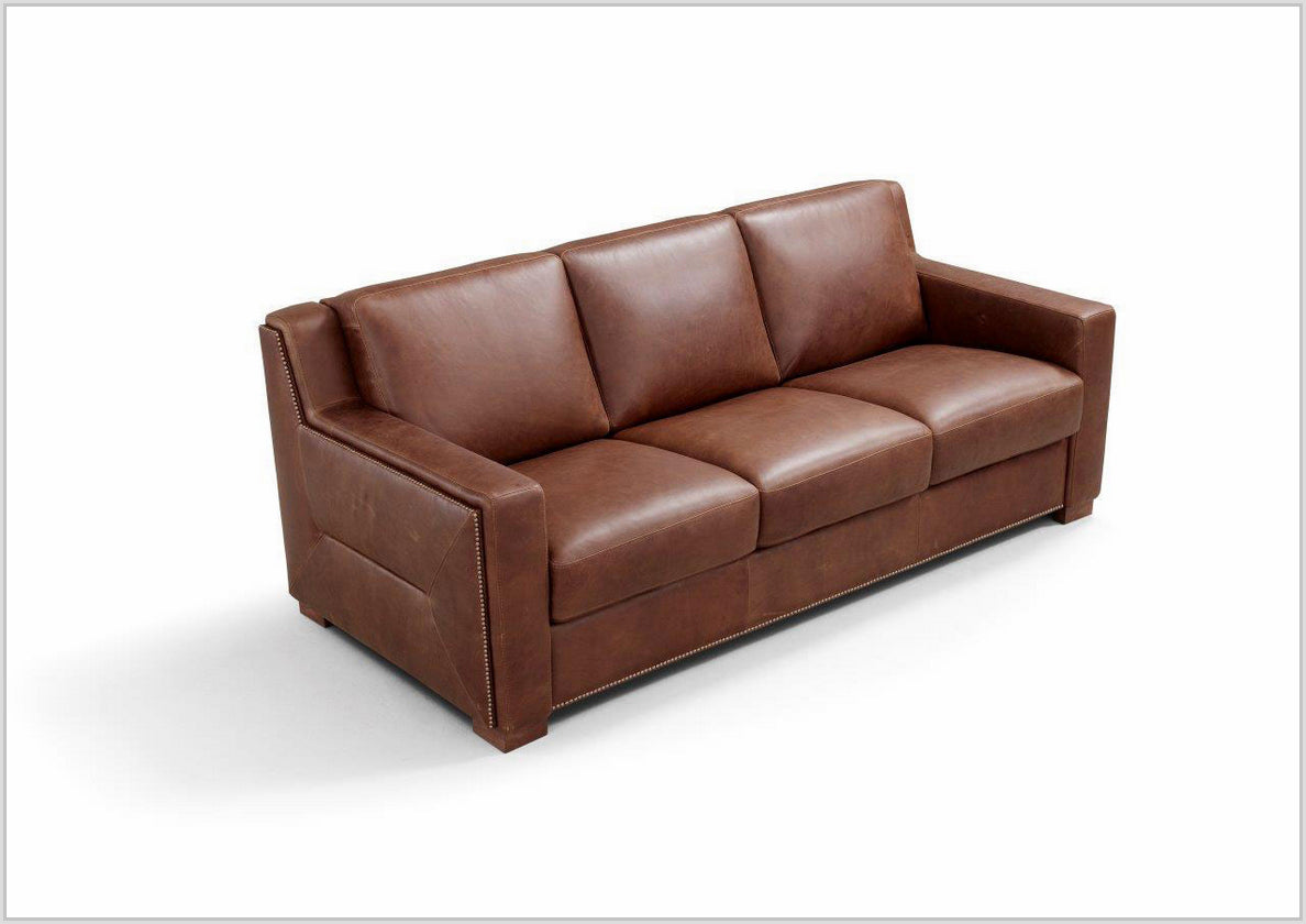 Kathy Ireland Alaves 3-Seater Brown Genuine Leather Queen Size Sleeper Sofa Bed - Convertible Couch for Living Room, Guest Room & Small Spaces